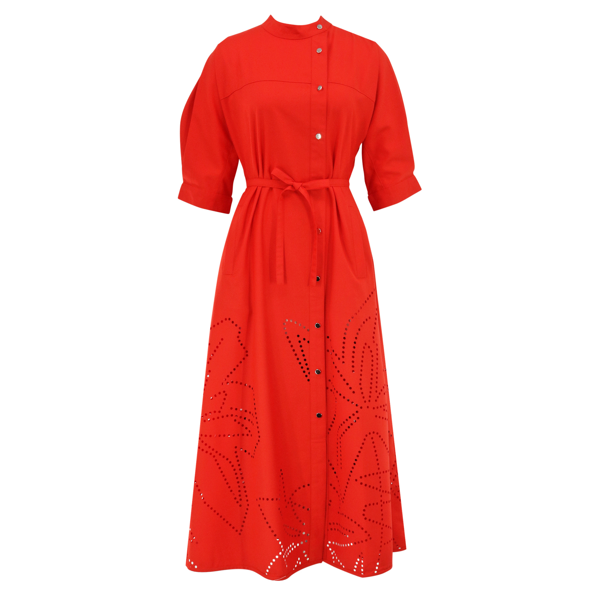 Oro Drift Short Sleeve Belted Cut-Out Detail Midi Dress