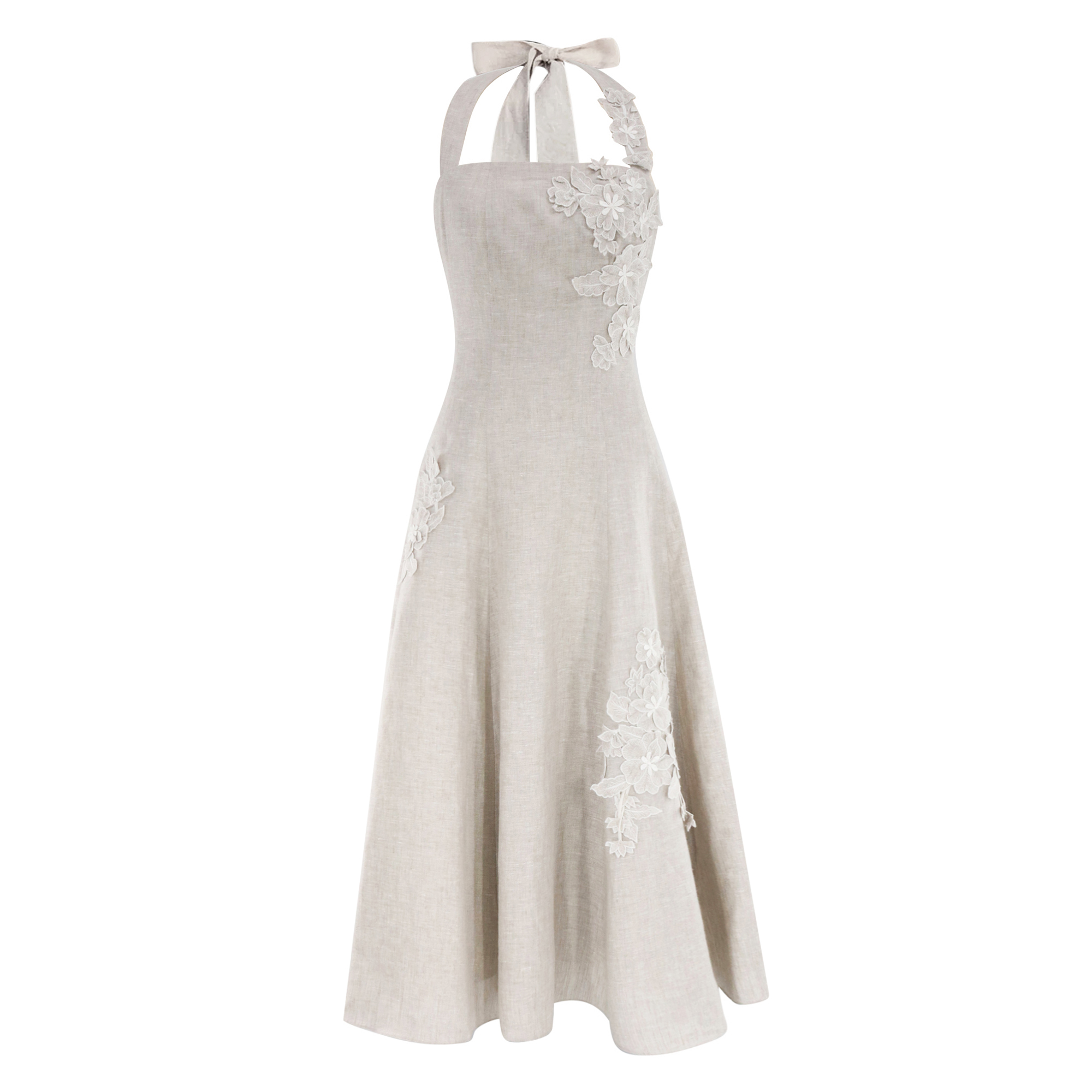 Pippa Sleeveless Linen Midi Dress With 3D Floral Applique