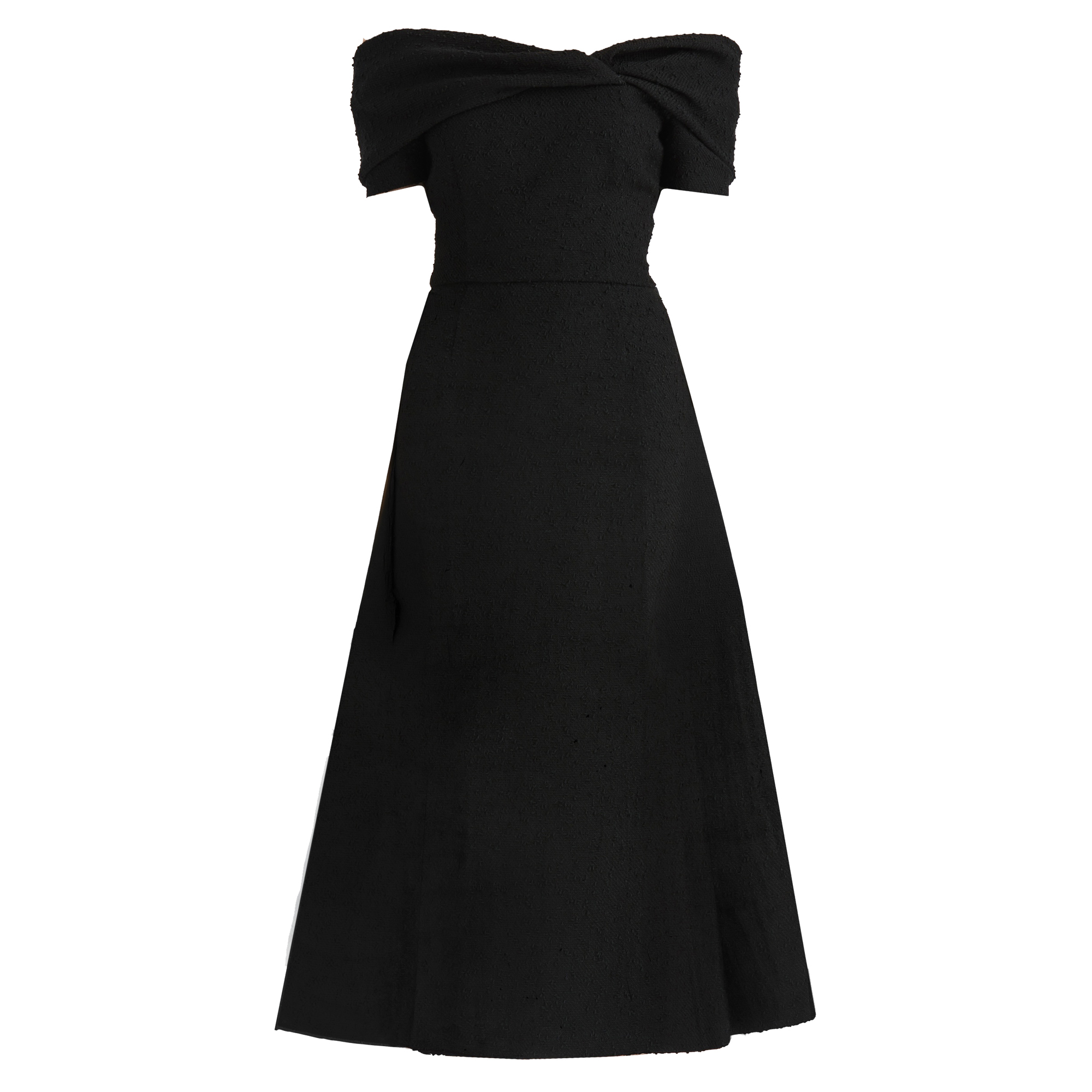 Off-The-Shoulder Slubby Wool Tweed Cocktail Midi Dress