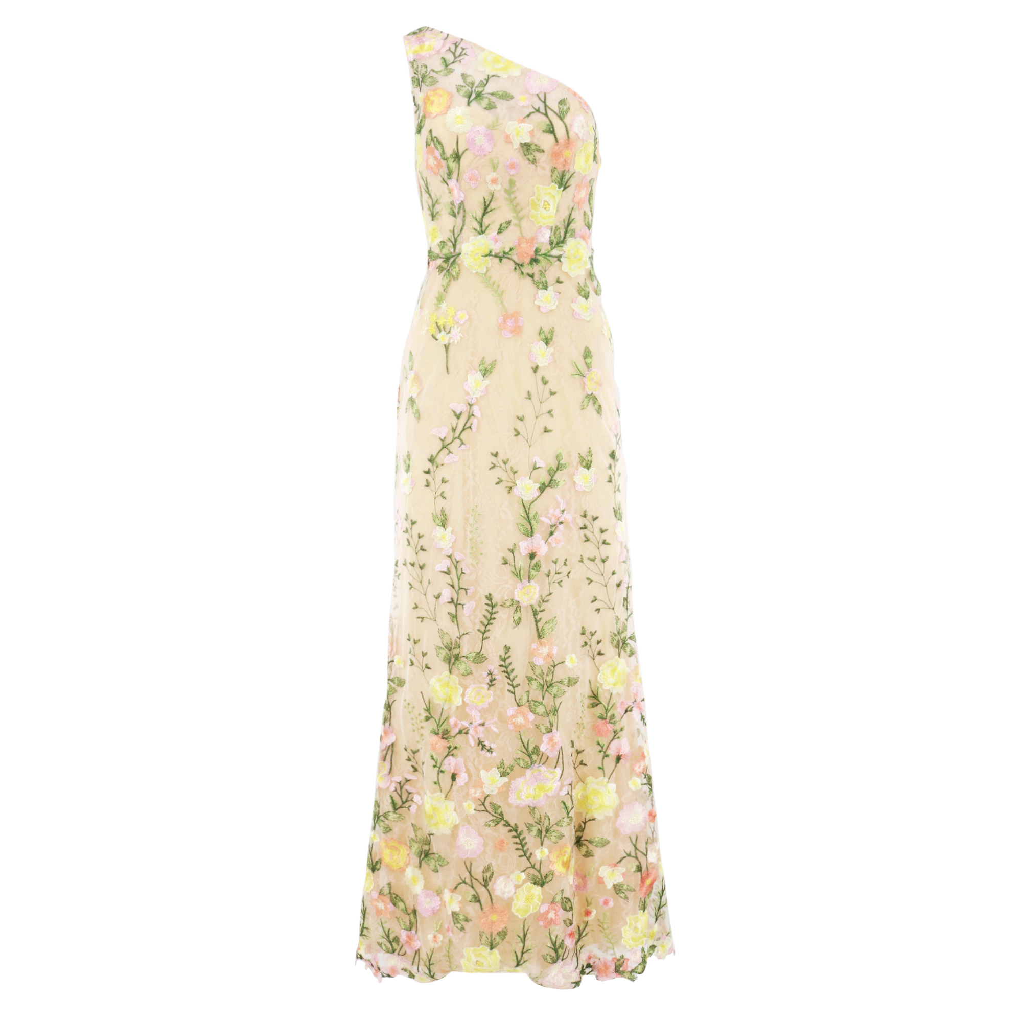 One Shoulder Floral Embroidered Godet Gown