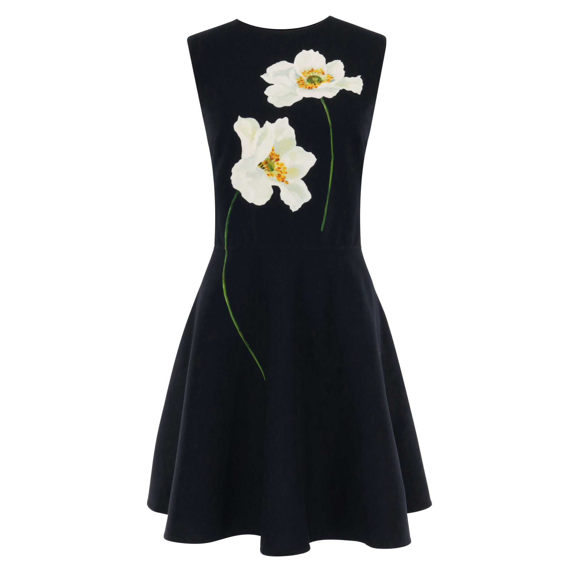 Sleeveless Peony Print Wool Day Dress