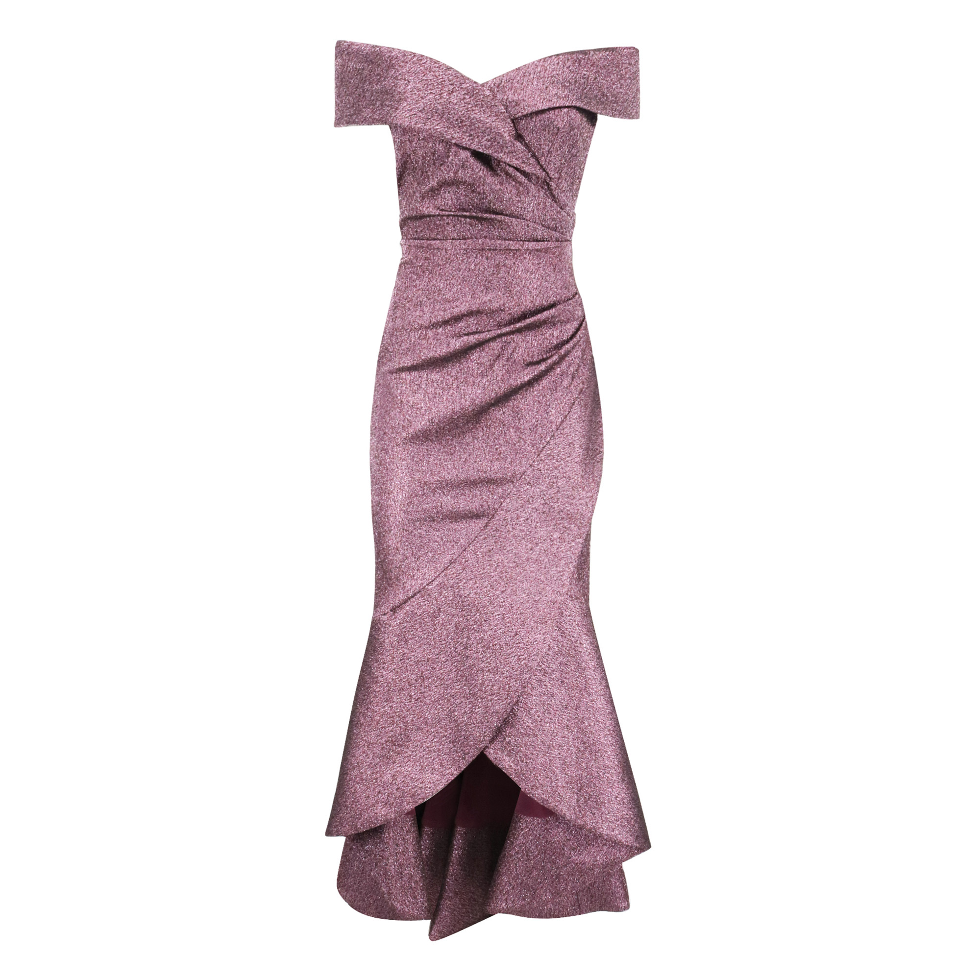 Jacquard Ruffle High Low Off-The-Shoulder Gown