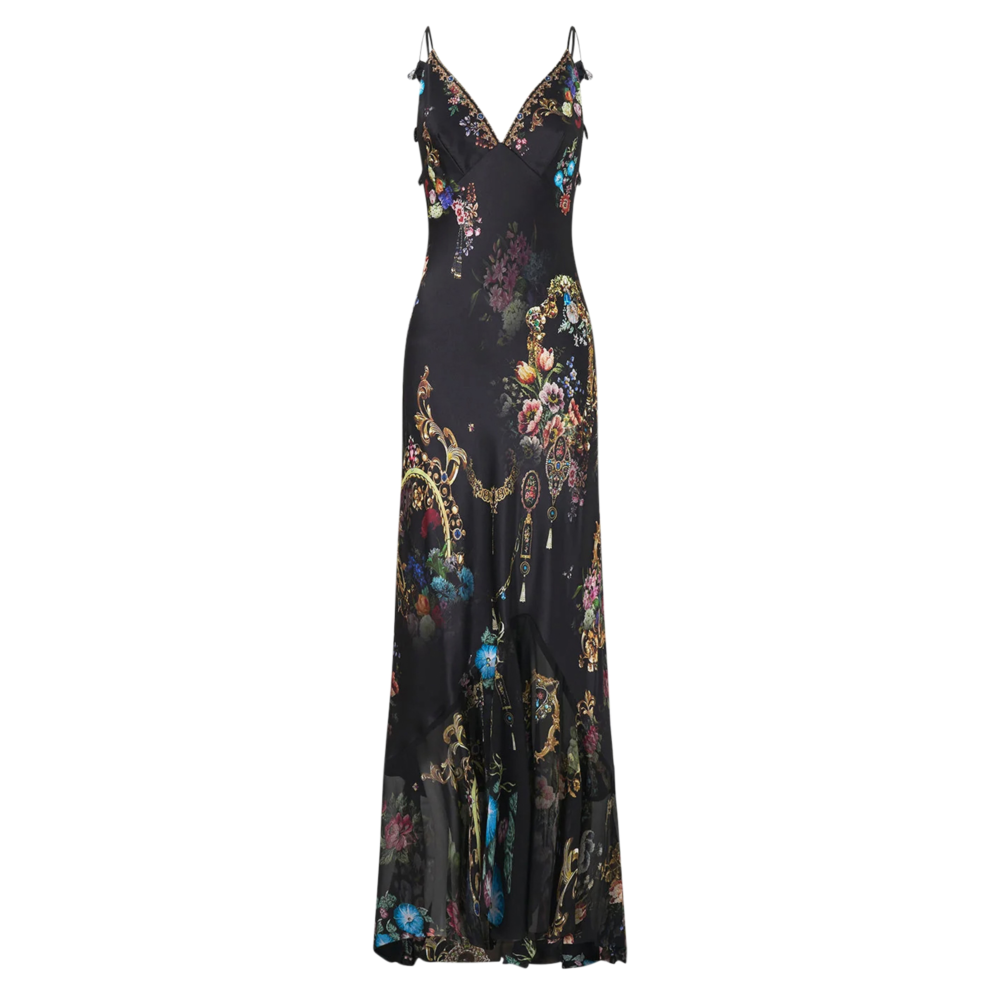 V-Neck Silk Maxi Slip Dress With Flounce Hem