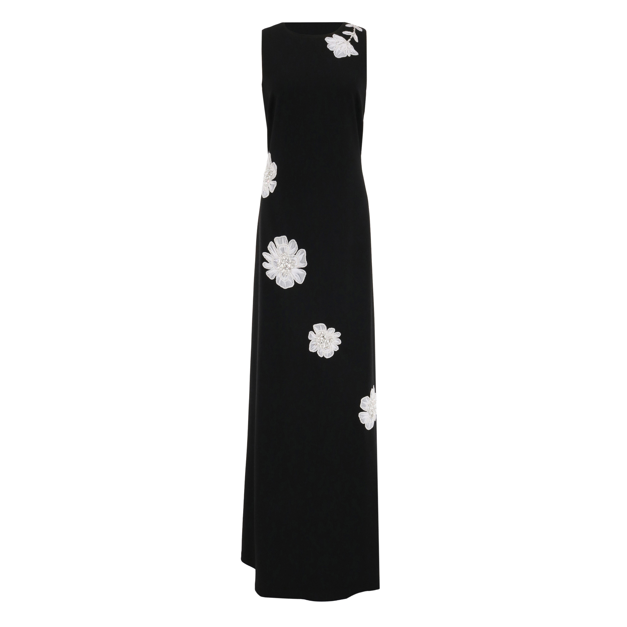 Sleeveless Crepe Gown With Applique Flowers