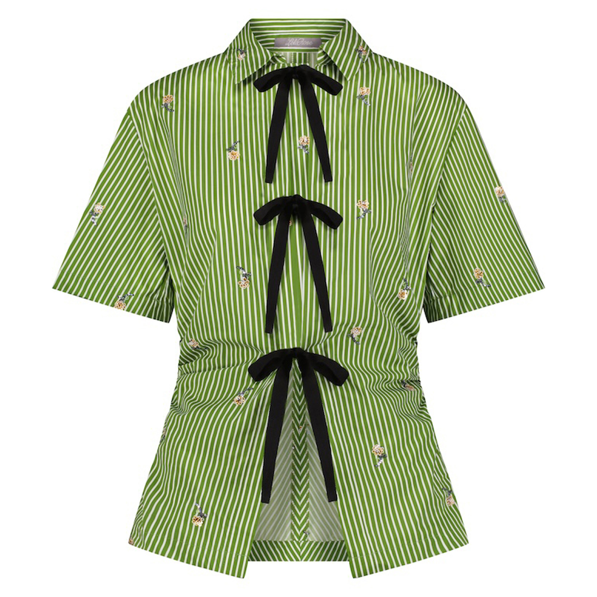 Short Sleeve Embroidered Striped Cotton Bow Front Shirt