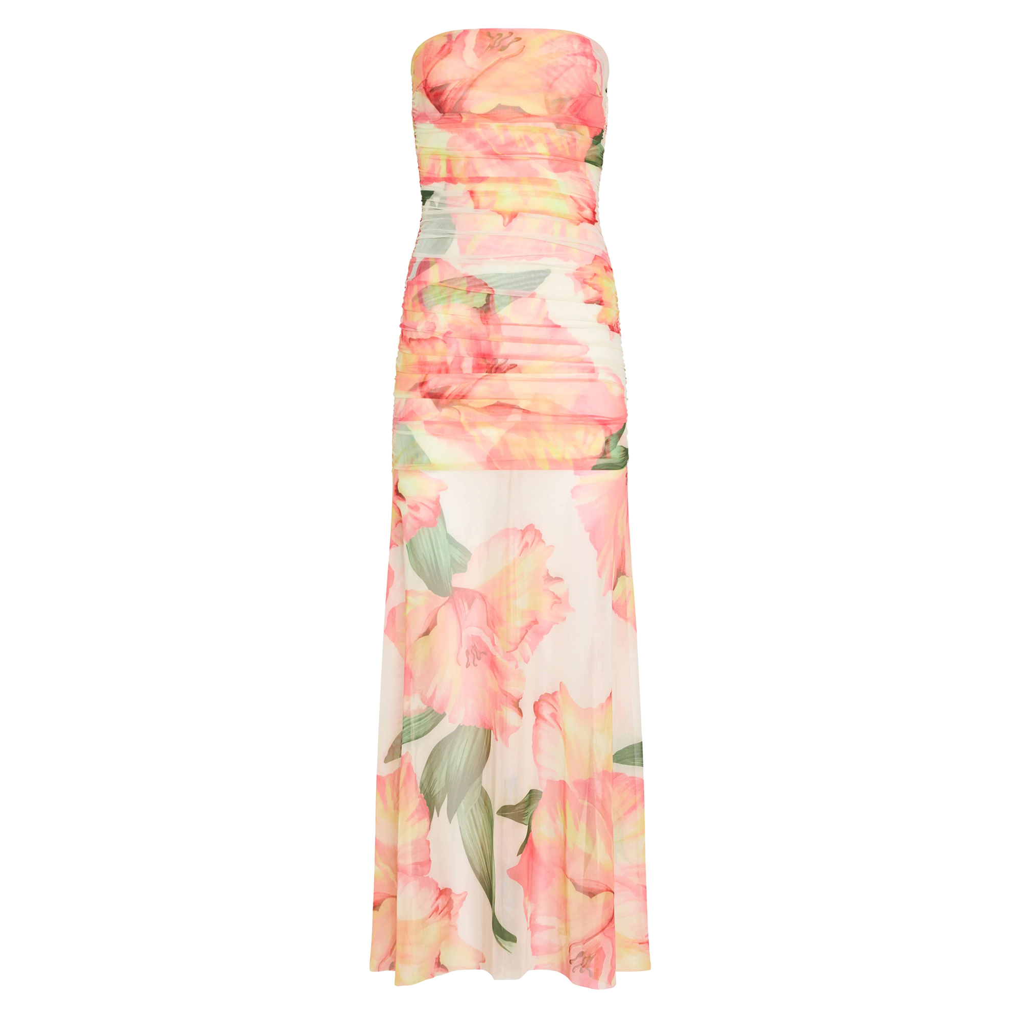 Leo Strapless Ruched Mesh Maxi Dress
