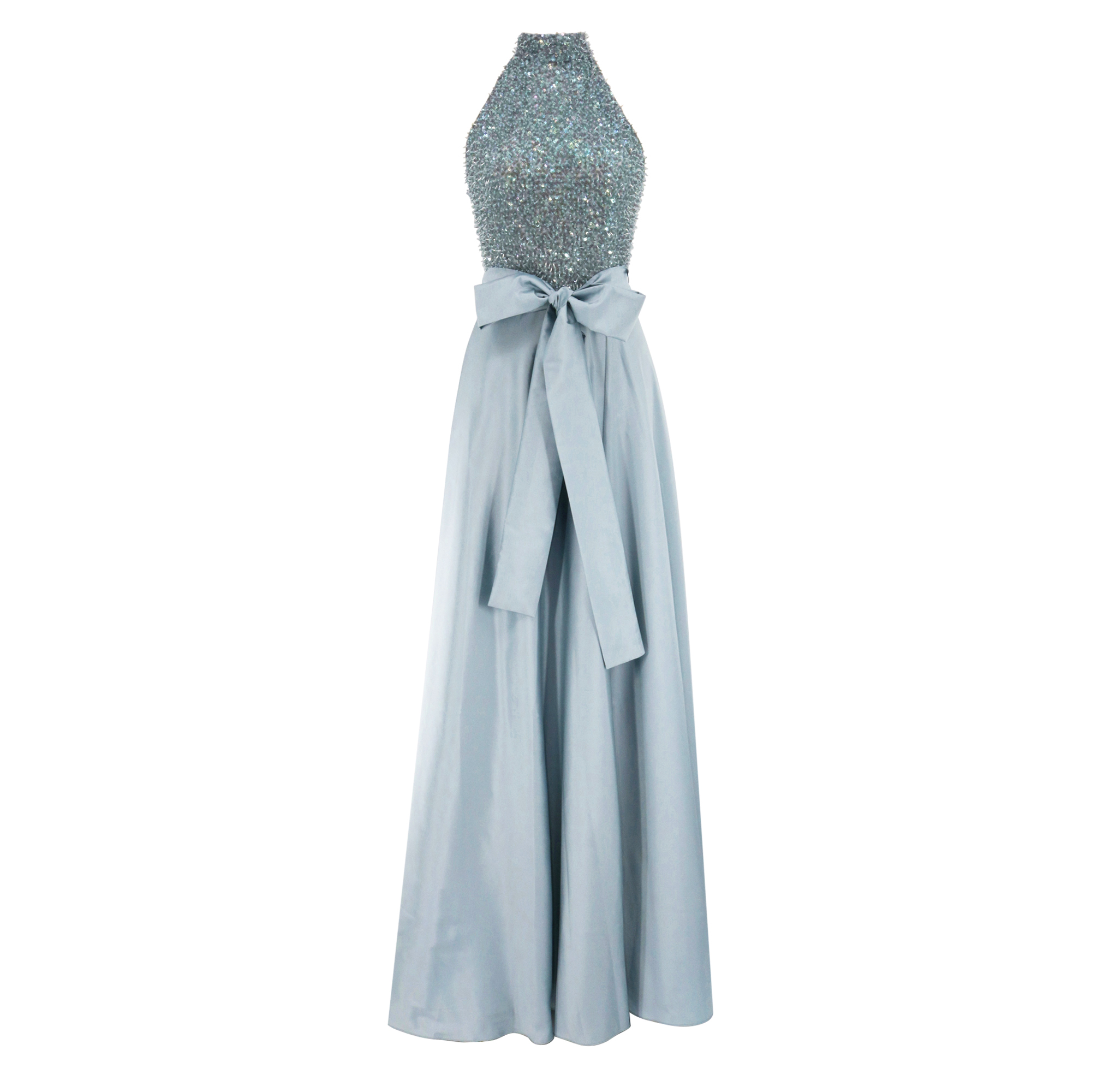 Sleeveless Glass Stretch Bead Mock Neck Gown With Taffeta Skirt