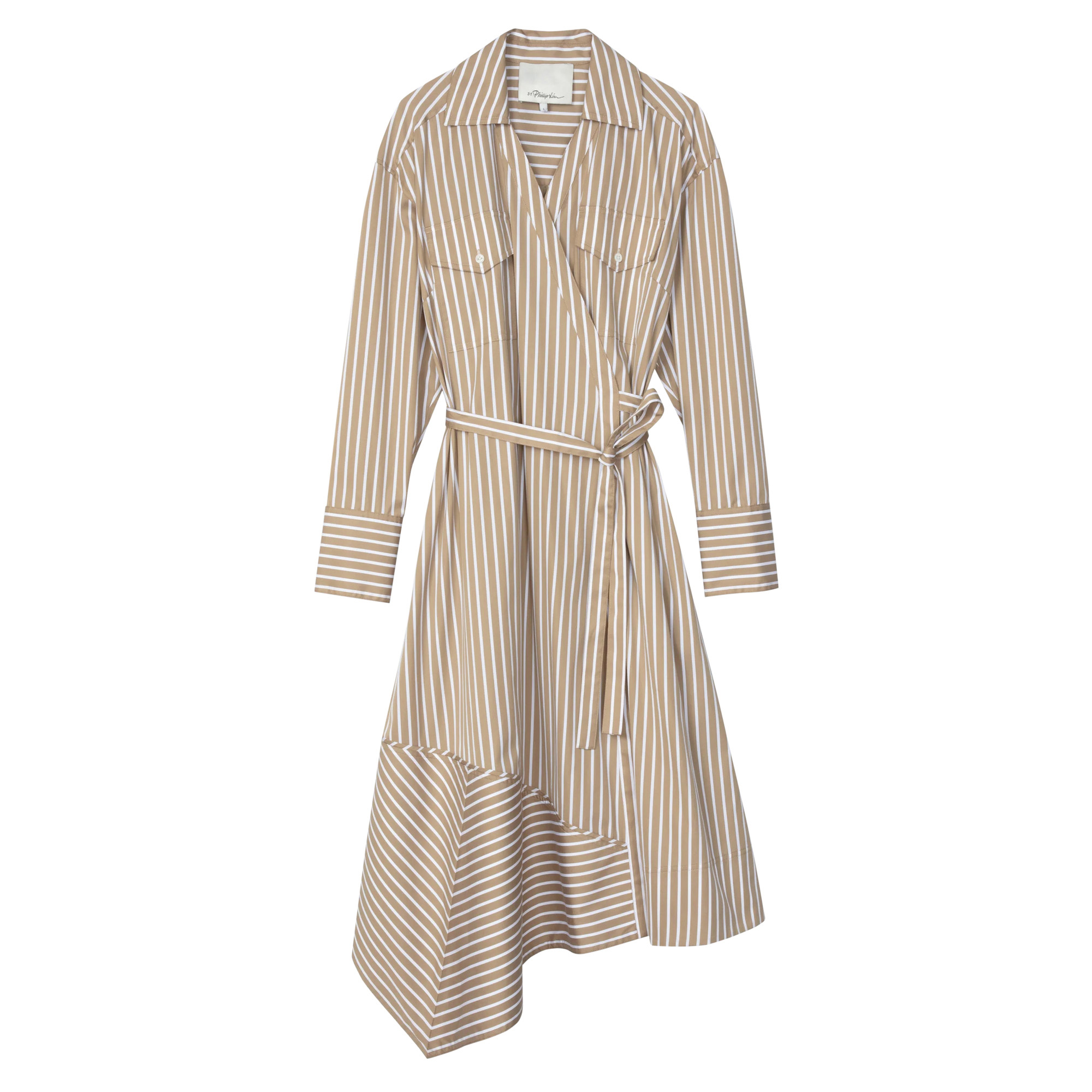 Long Sleeve Stripe Poplin Midi Wrap Shirt Dress