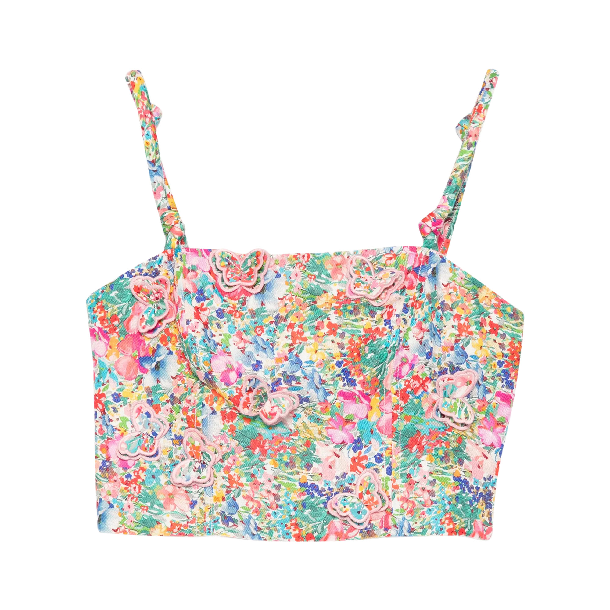 Floral Butterflies Sleeveless Cropped Linen Top