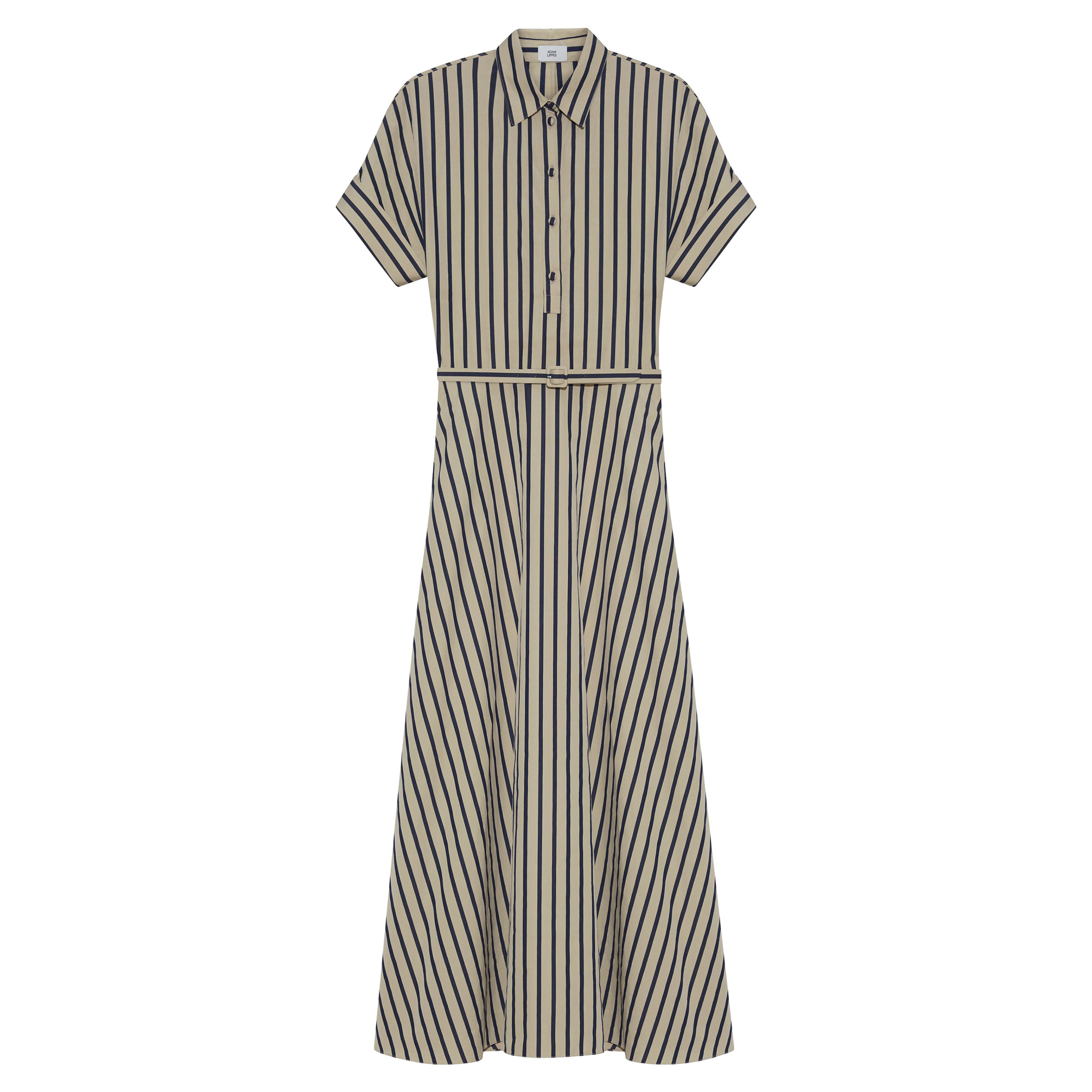 Sadie Short Sleeve Belted Midi Dress In Stripe Poplin
