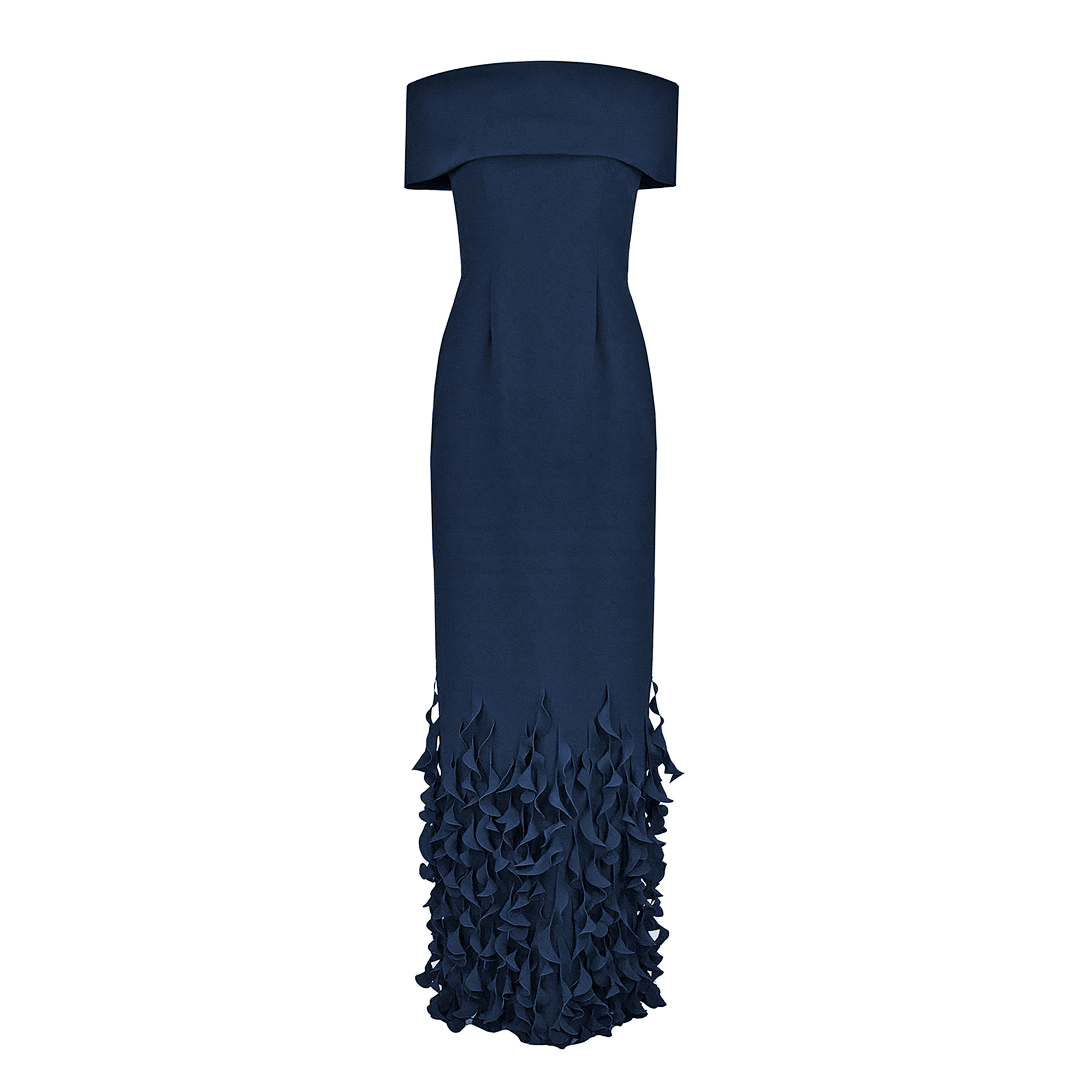 Off-Shoulder Roll Collar Gown With Spiral Hem