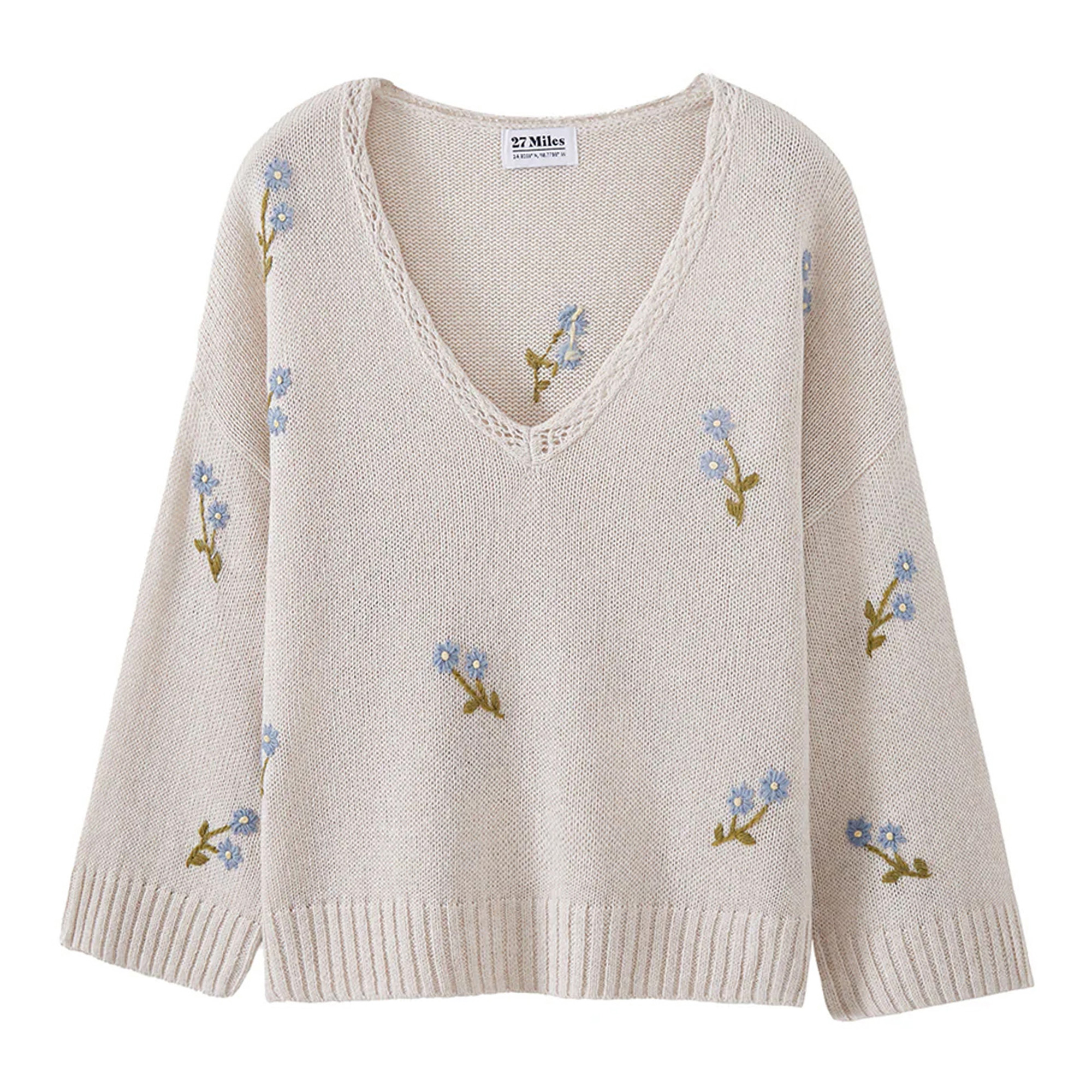 Gelina Long Sleeve V-Neck Sweater With Floral Embroidery