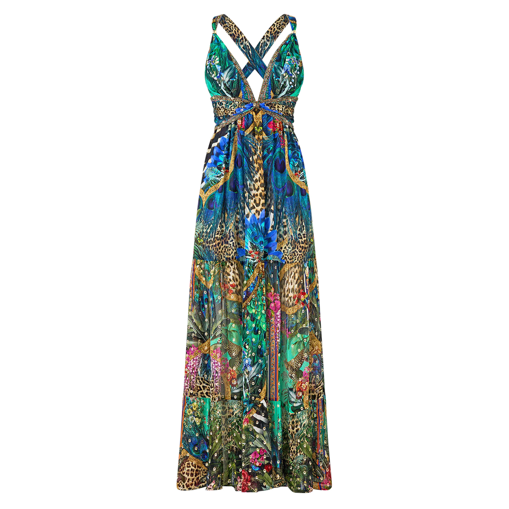 Beaded Strap Gathered Panel Maxi Dress