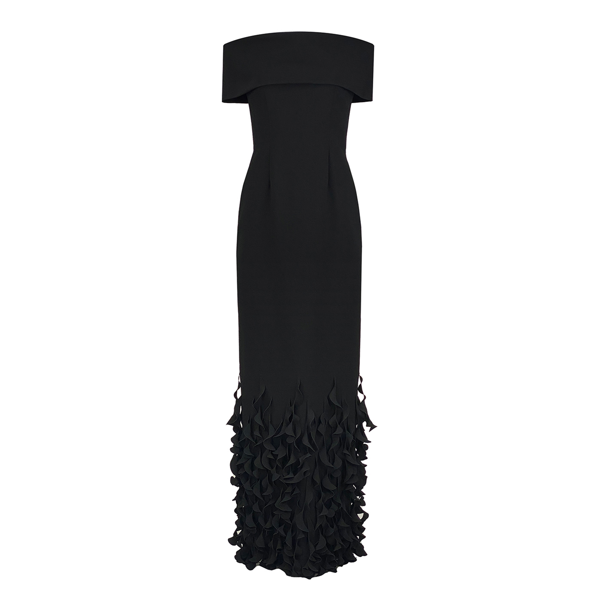 Off-Shoulder Roll Collar Gown With Spiral Hem