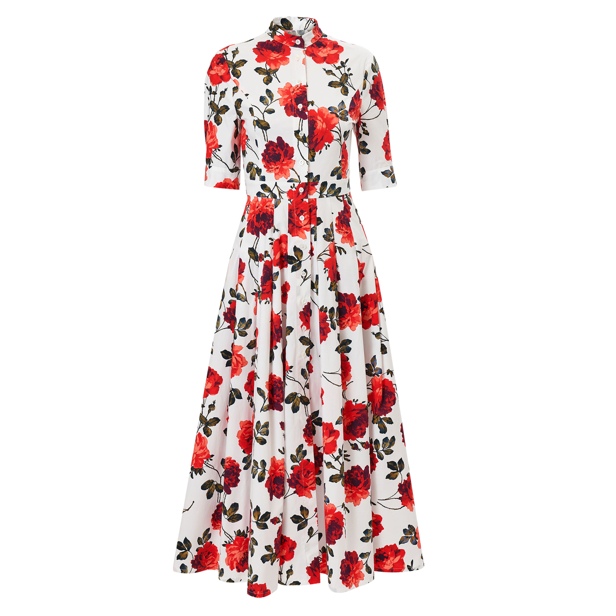 Short Sleeve Rose Print Midi Shirt Dress