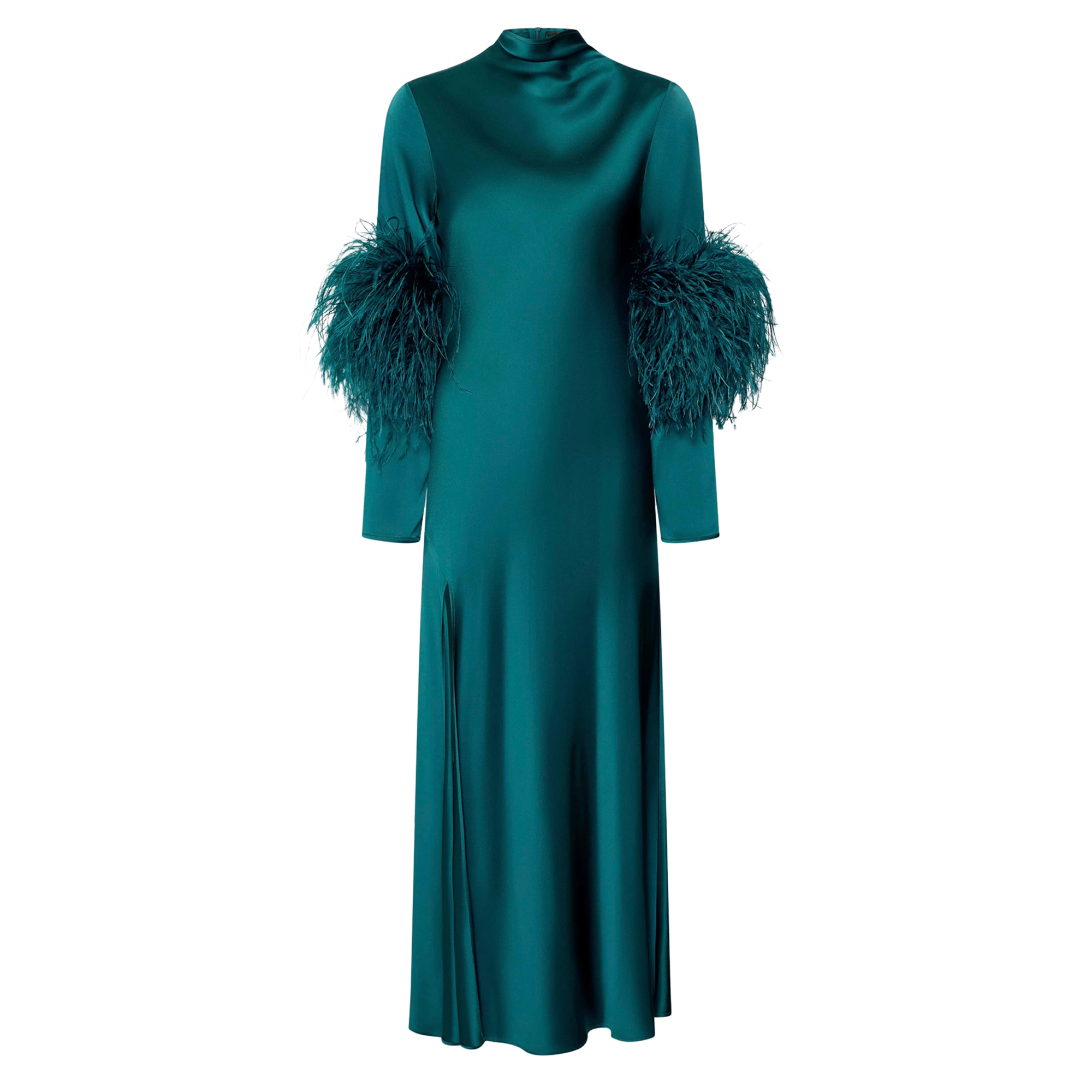 Satin Draped Neck Bias Dress With Feathers