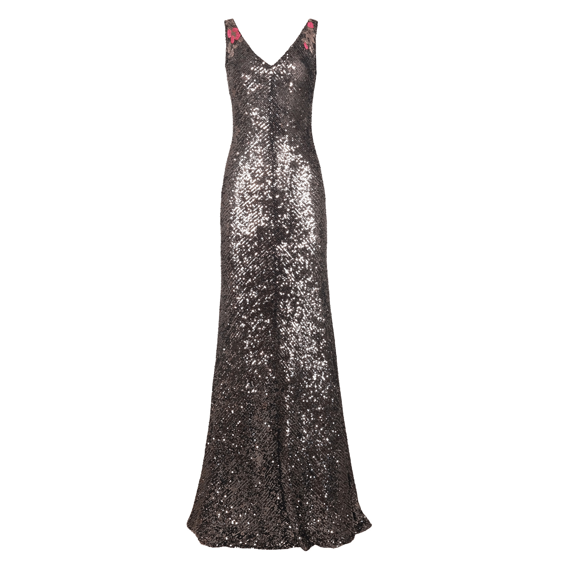 Sleeveless Floral Applique Stretch Sequin V-Neck Gown
