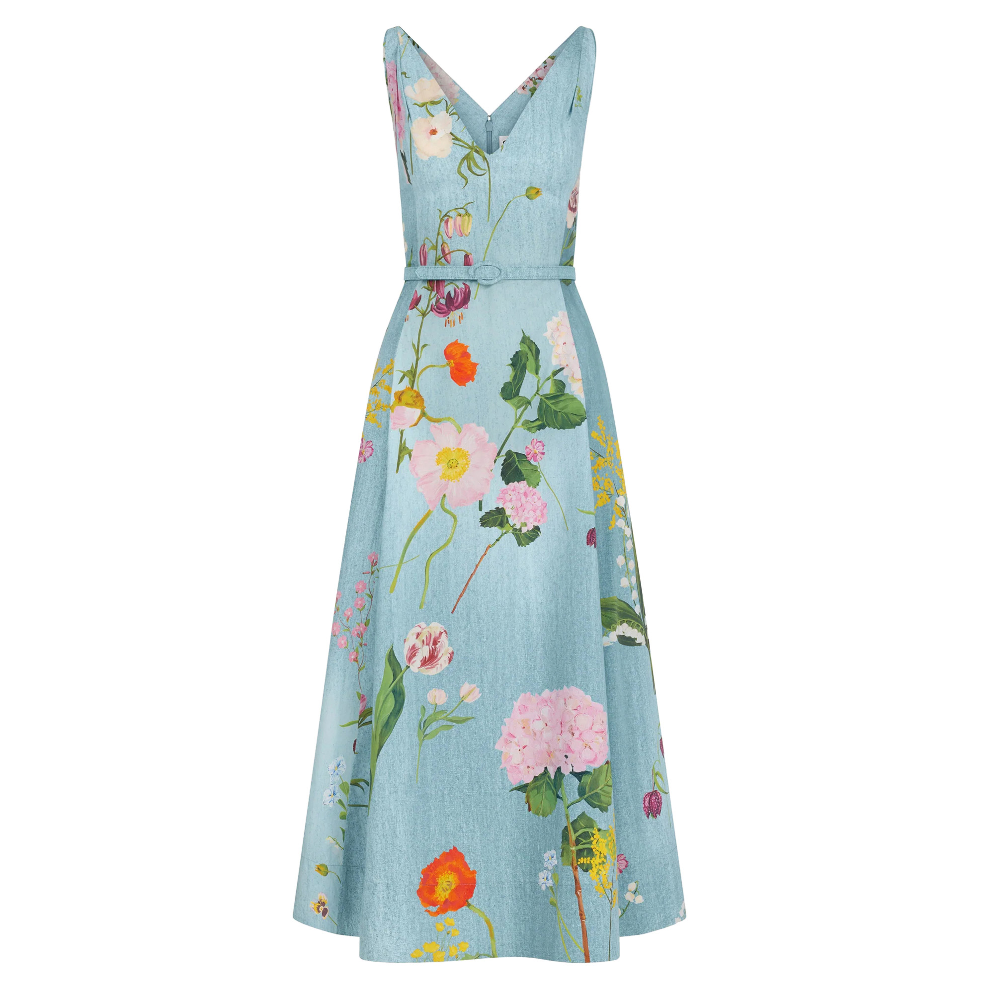 Sleeveless V-Neck Belted Mixed Botancial Cotton Poplin Midi Dress