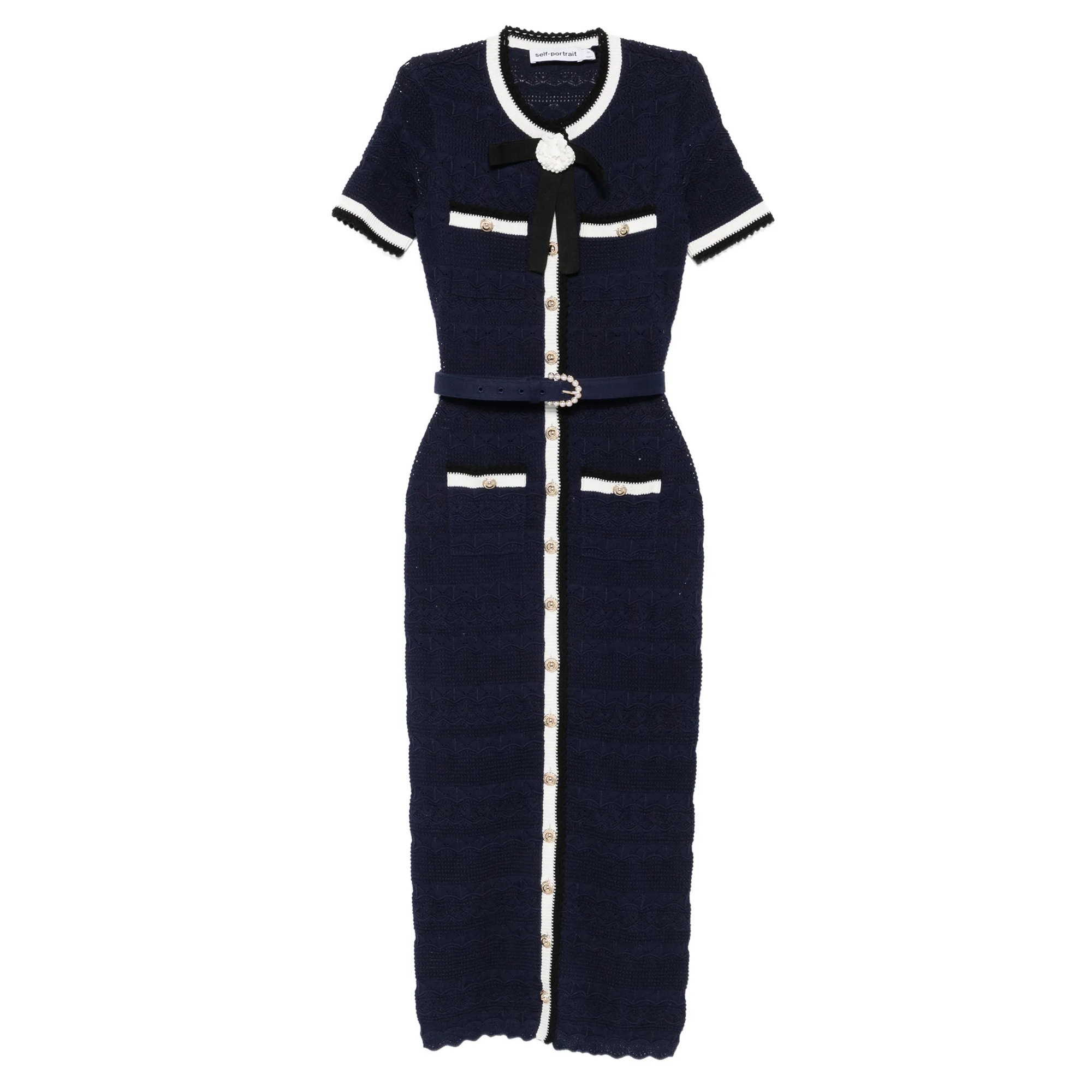Short Sleeve Pointelle Knit Belted Midi Dress