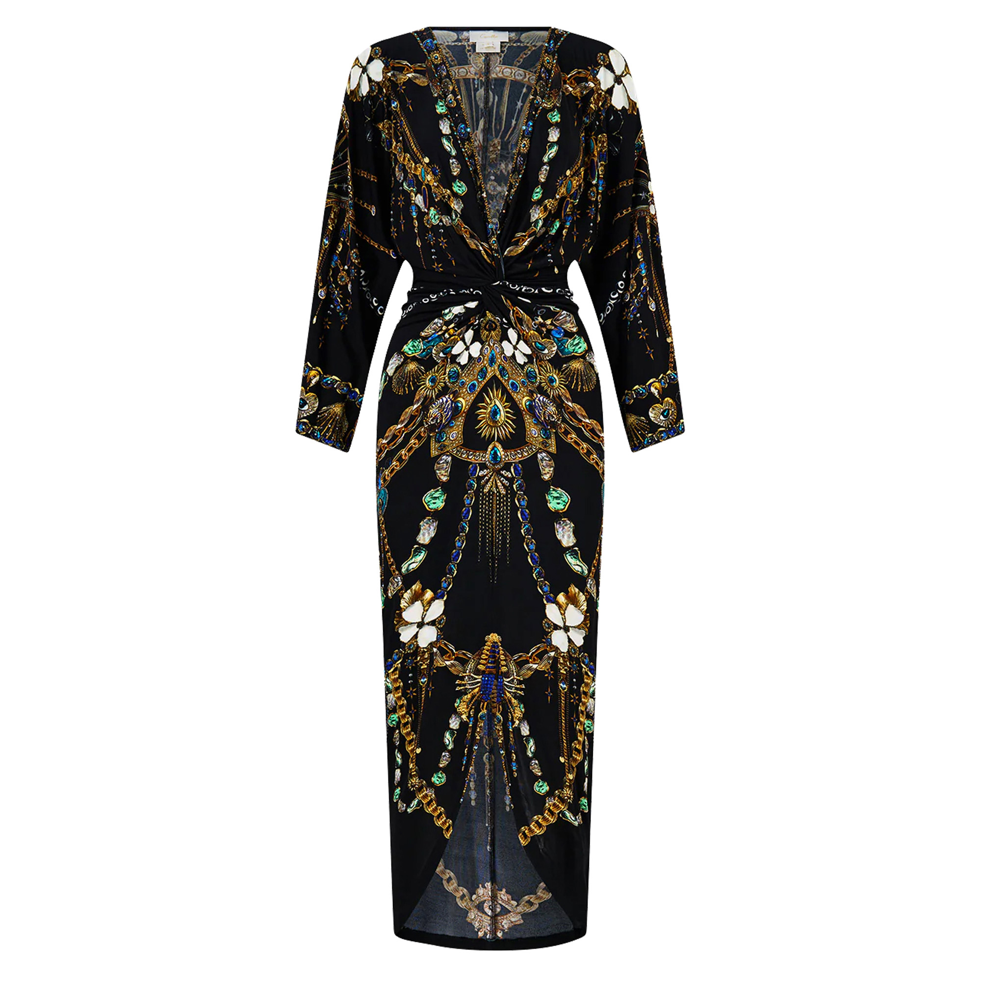 Long Sleeve Split Front Twist Midi Dress