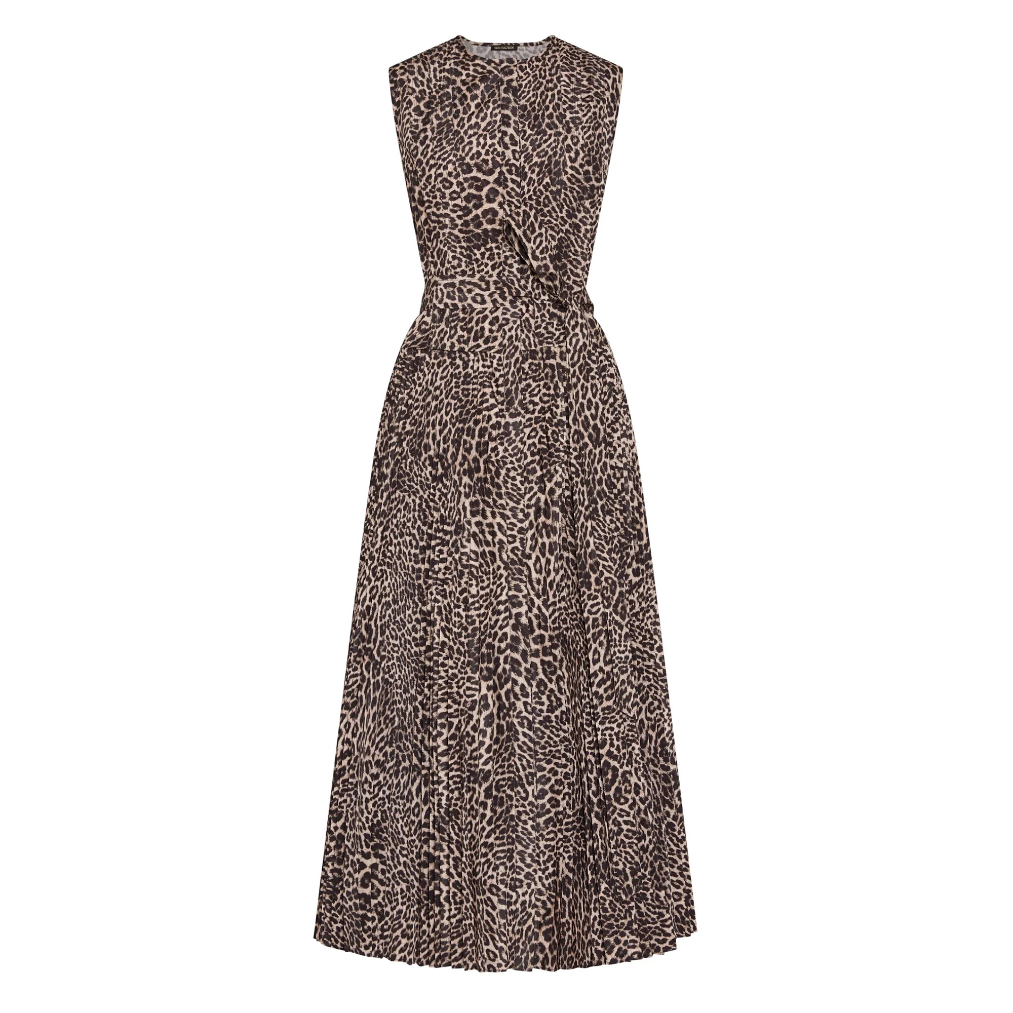 Stella Sleeveless Leopard Print Pleated Midi Dress