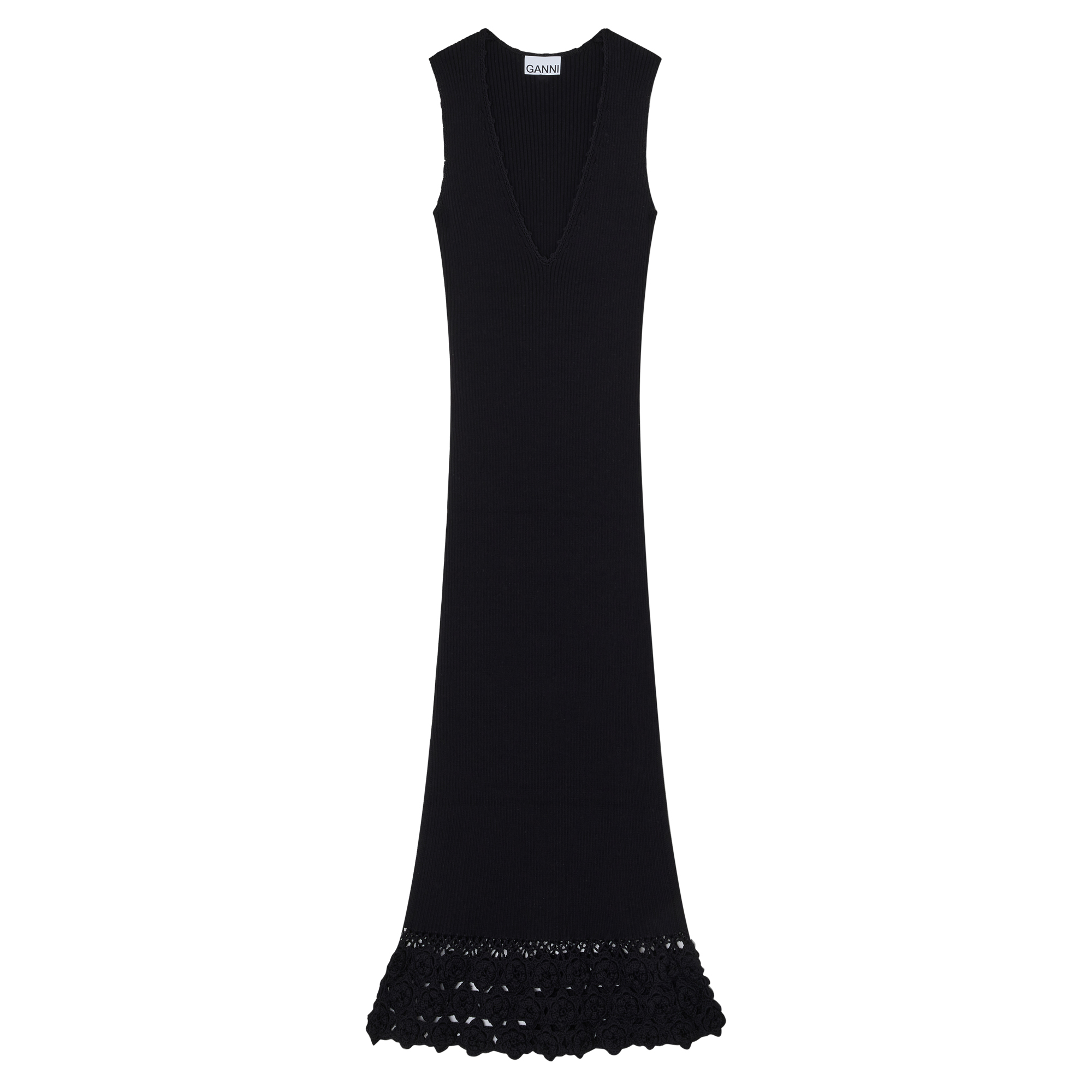 Fine Cotton Rib Crochet Sleeveless V-Neck Midi Dress