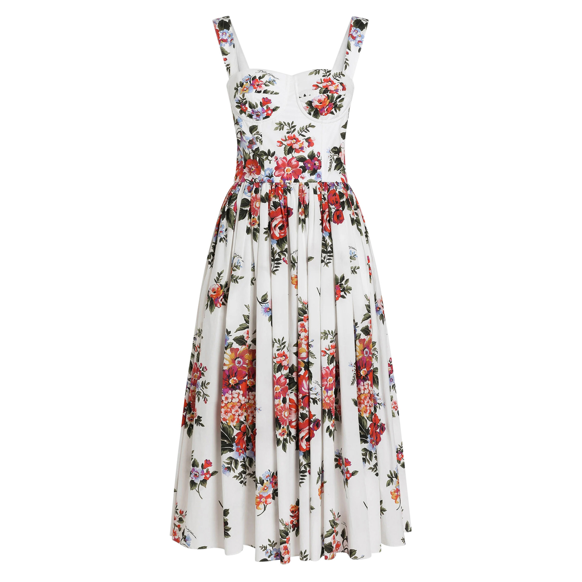 Sleeveless Flower Bouquet-Print Cotton Midi Dress