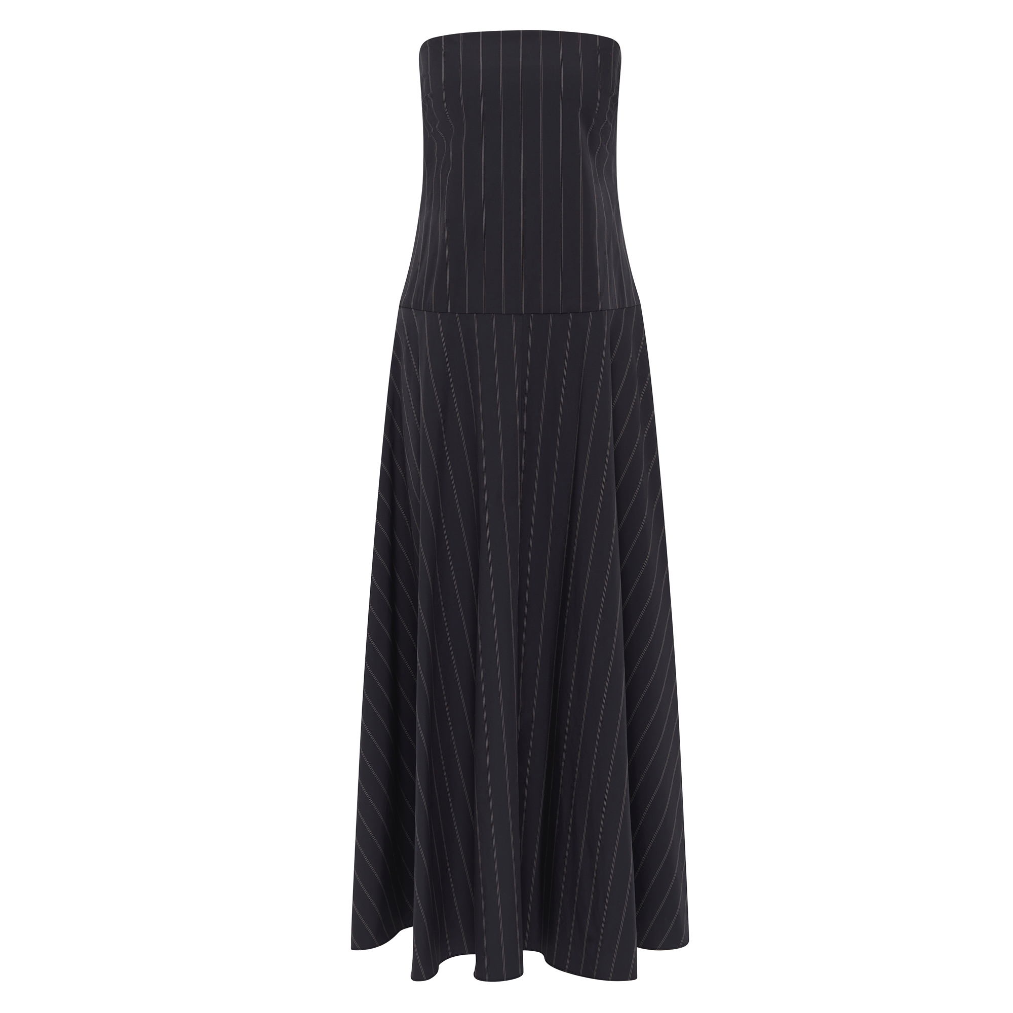 Strapless Pinstripe Rouleau Midi Dress