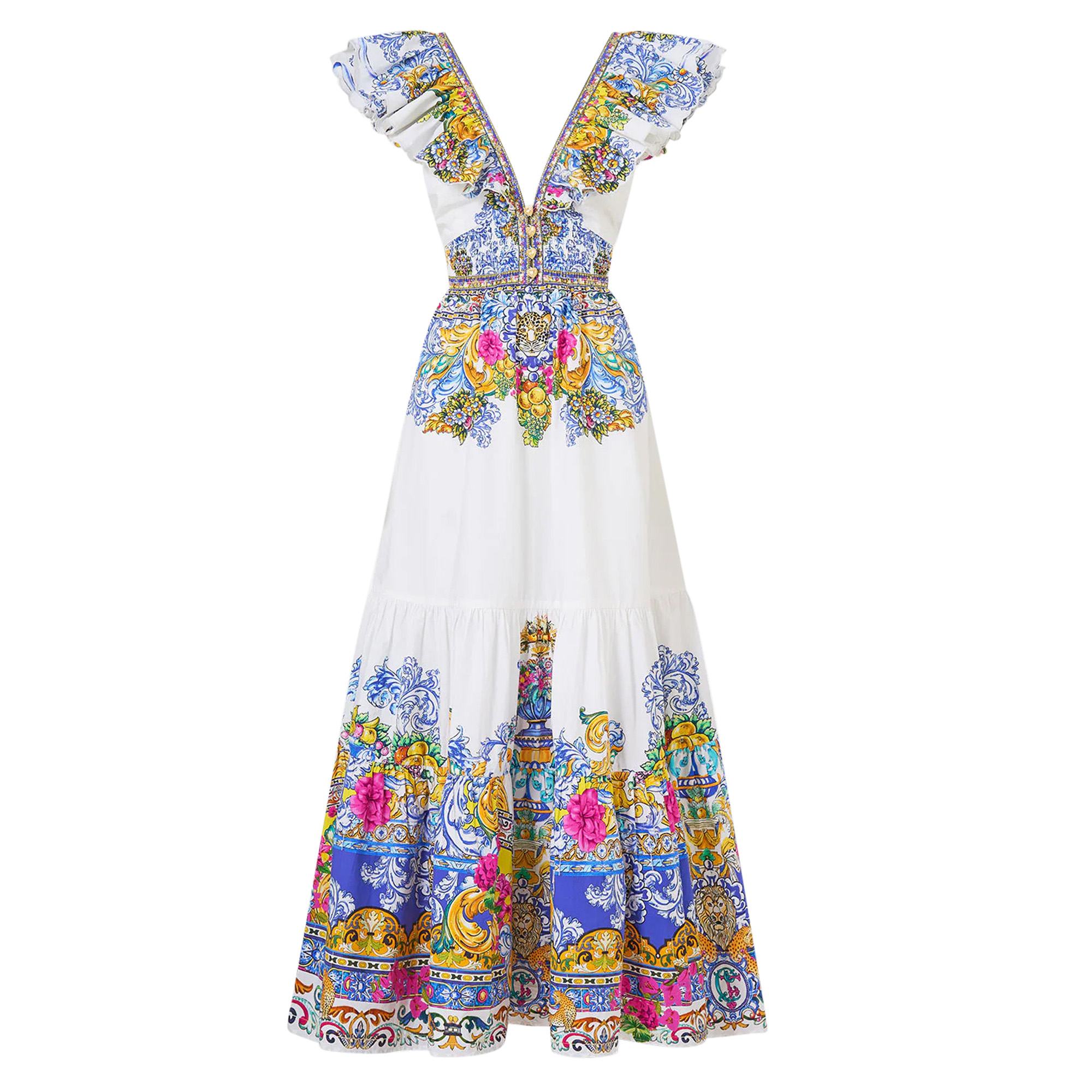 Tiered Short Sleeve Midi Dress With Neck Frill