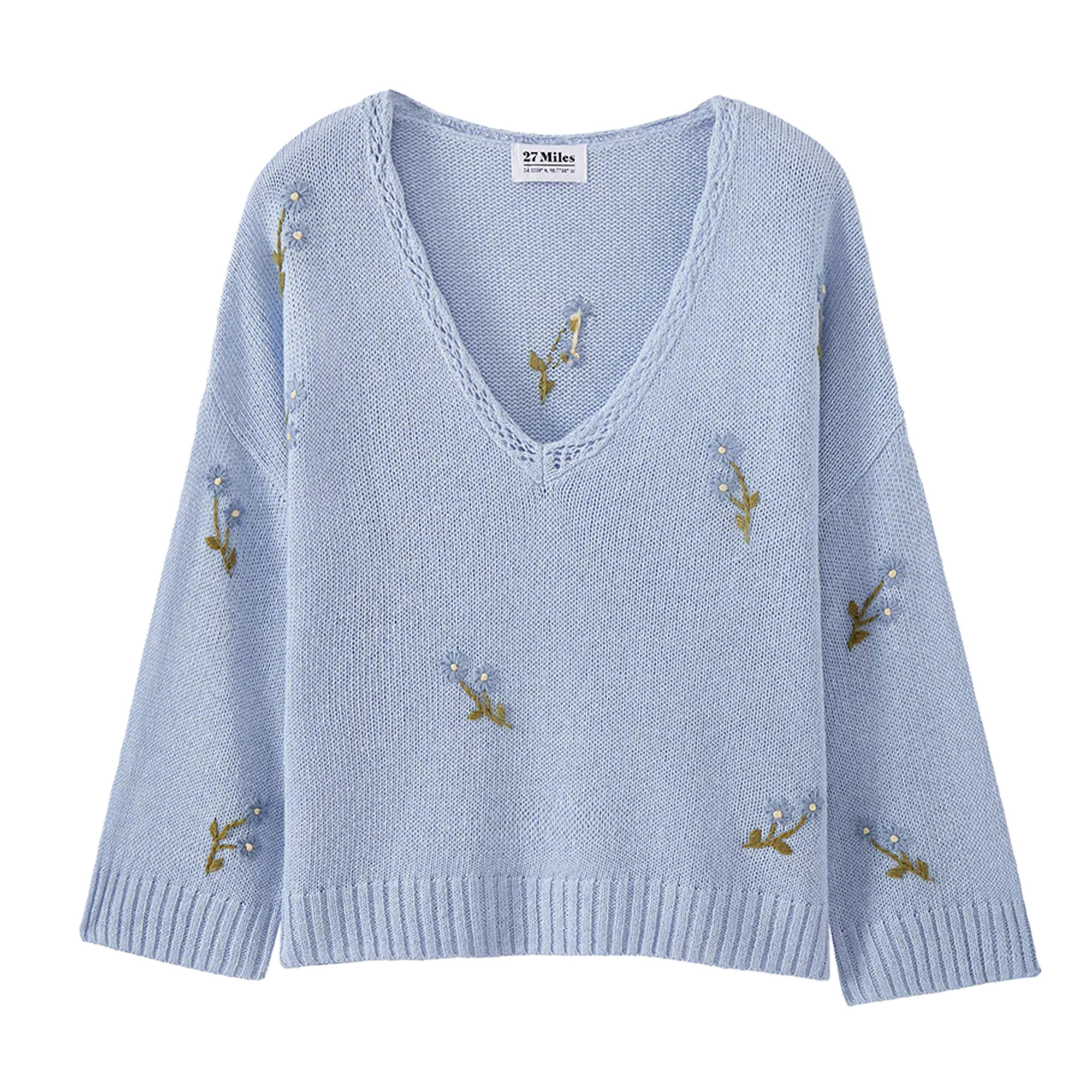 Gelina Long Sleeve V-Neck Sweater With Floral Embroidery