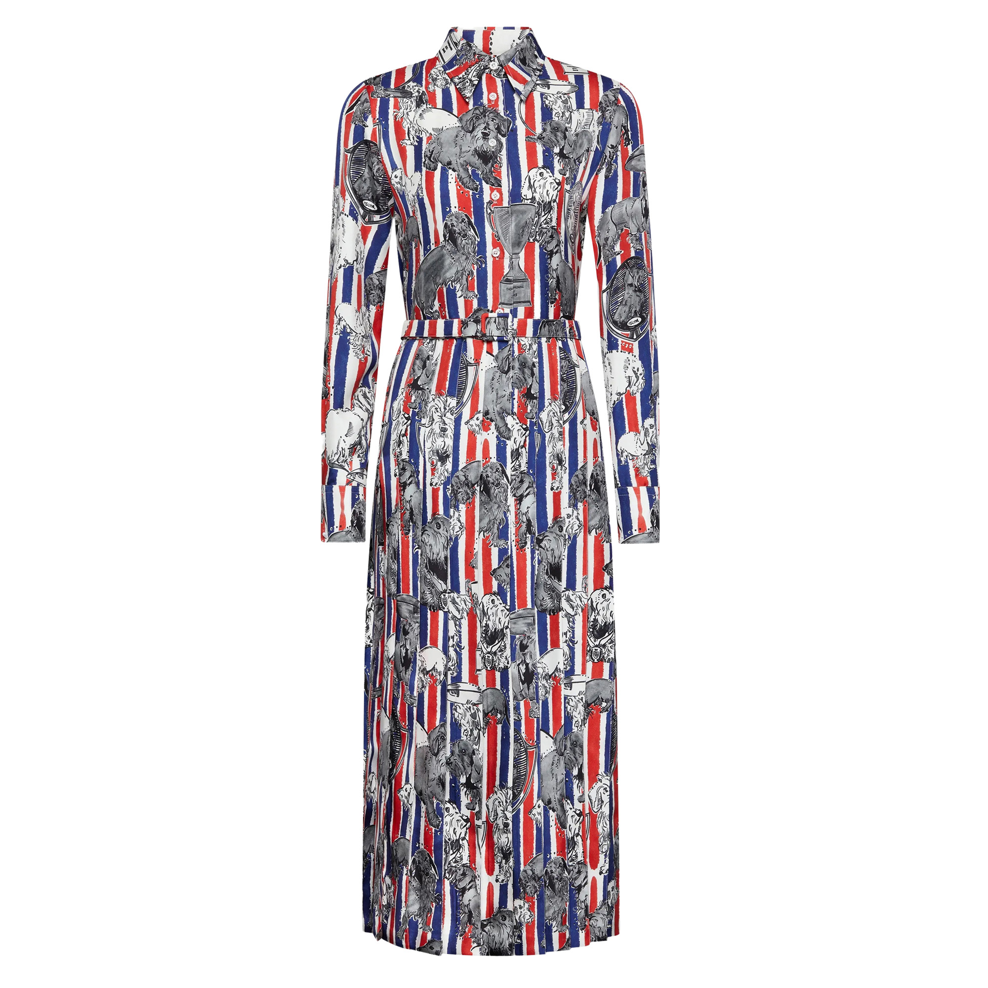 Long Sleeve Calf Length Belted Pleated Midi Dress