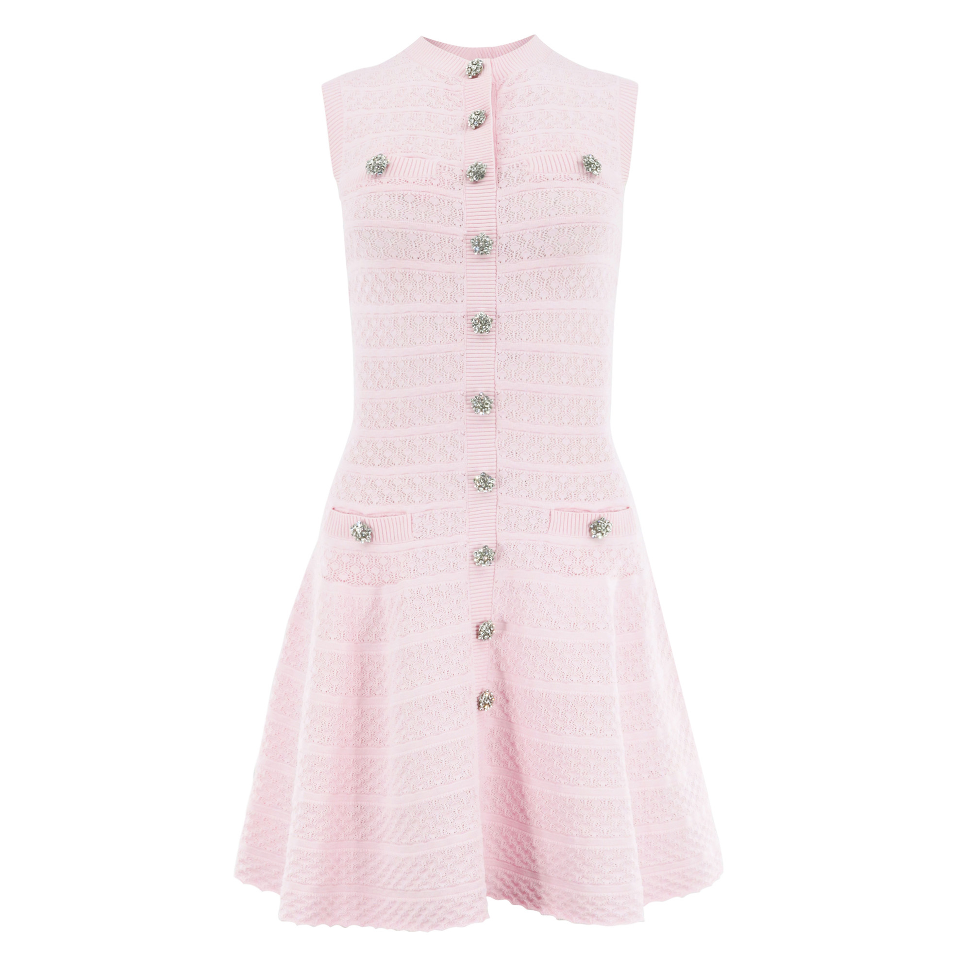 Sleeveless Button-Front Pointelle Diamante Knit Mini Dress