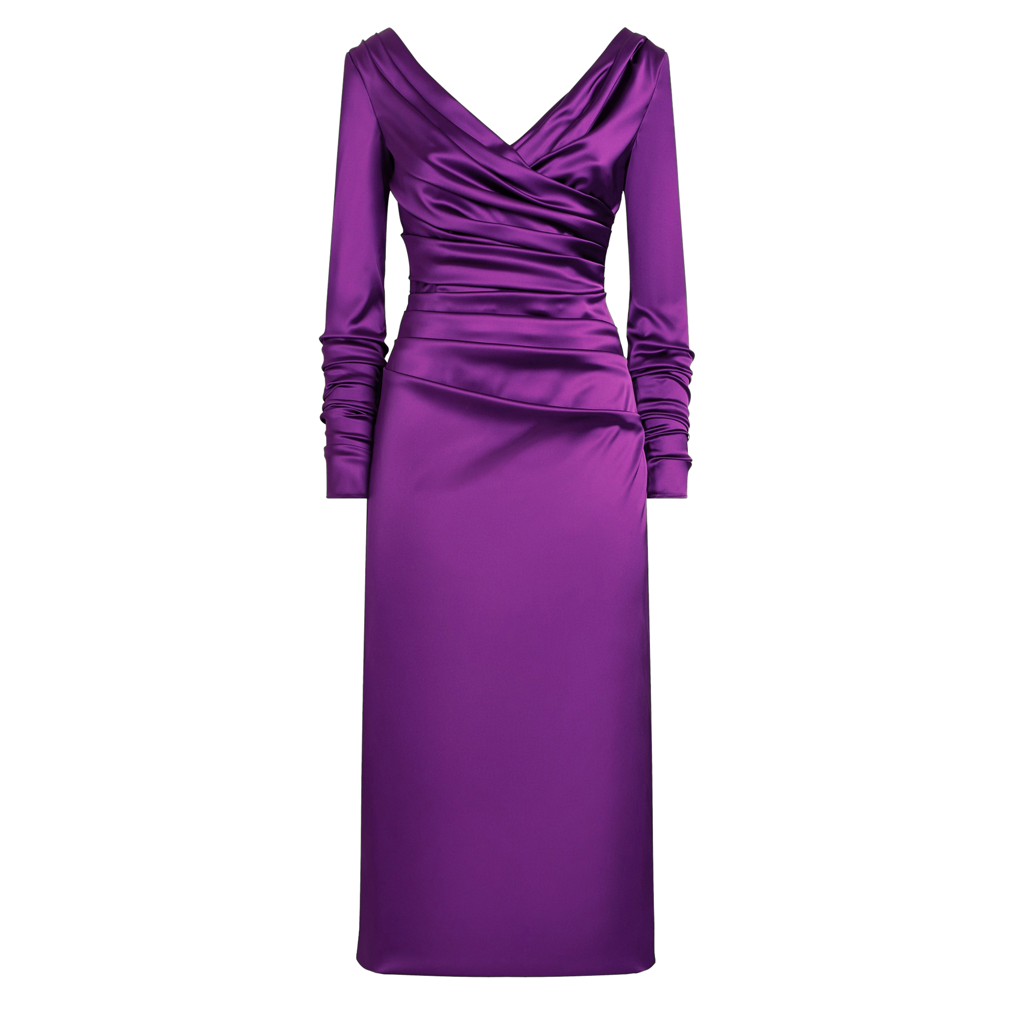 Long Sleeve Stretch Satin Ruched Midi Dress