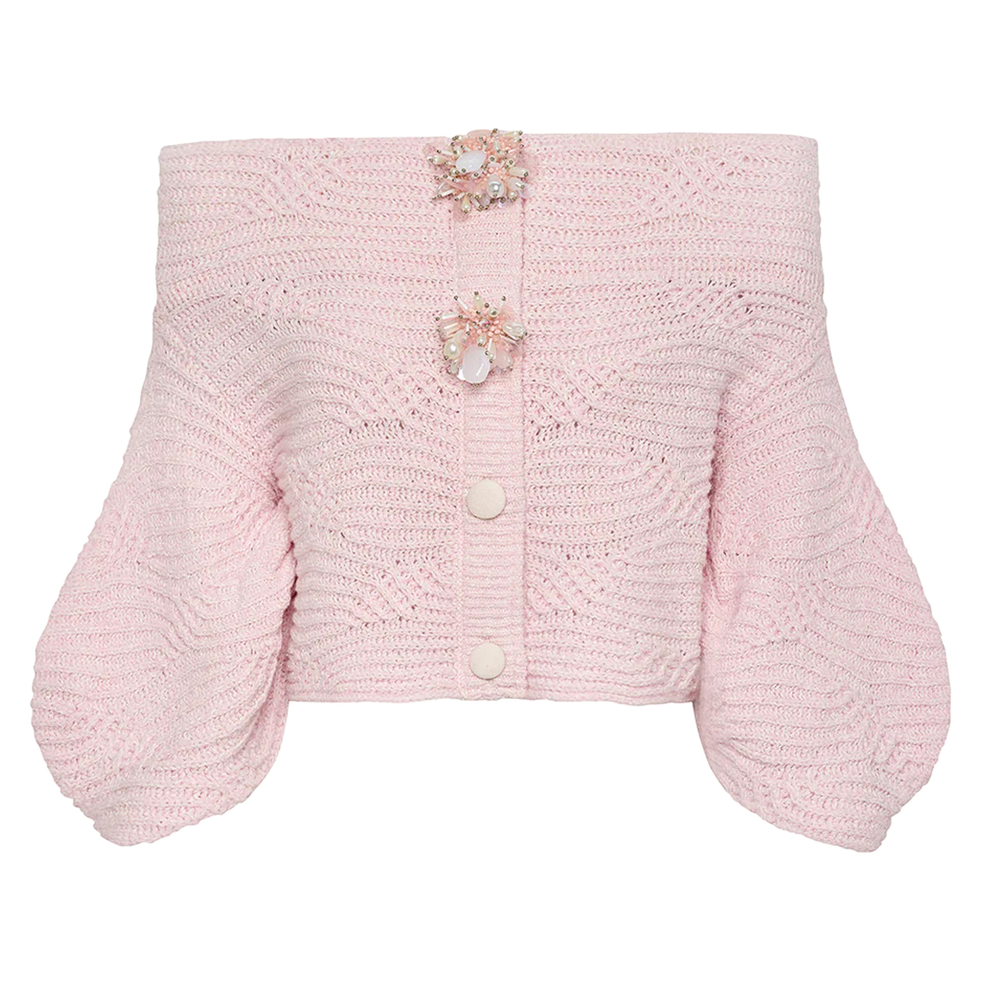 Lenon Off Shoulder Sweater With Embroidered Jewel Buttons