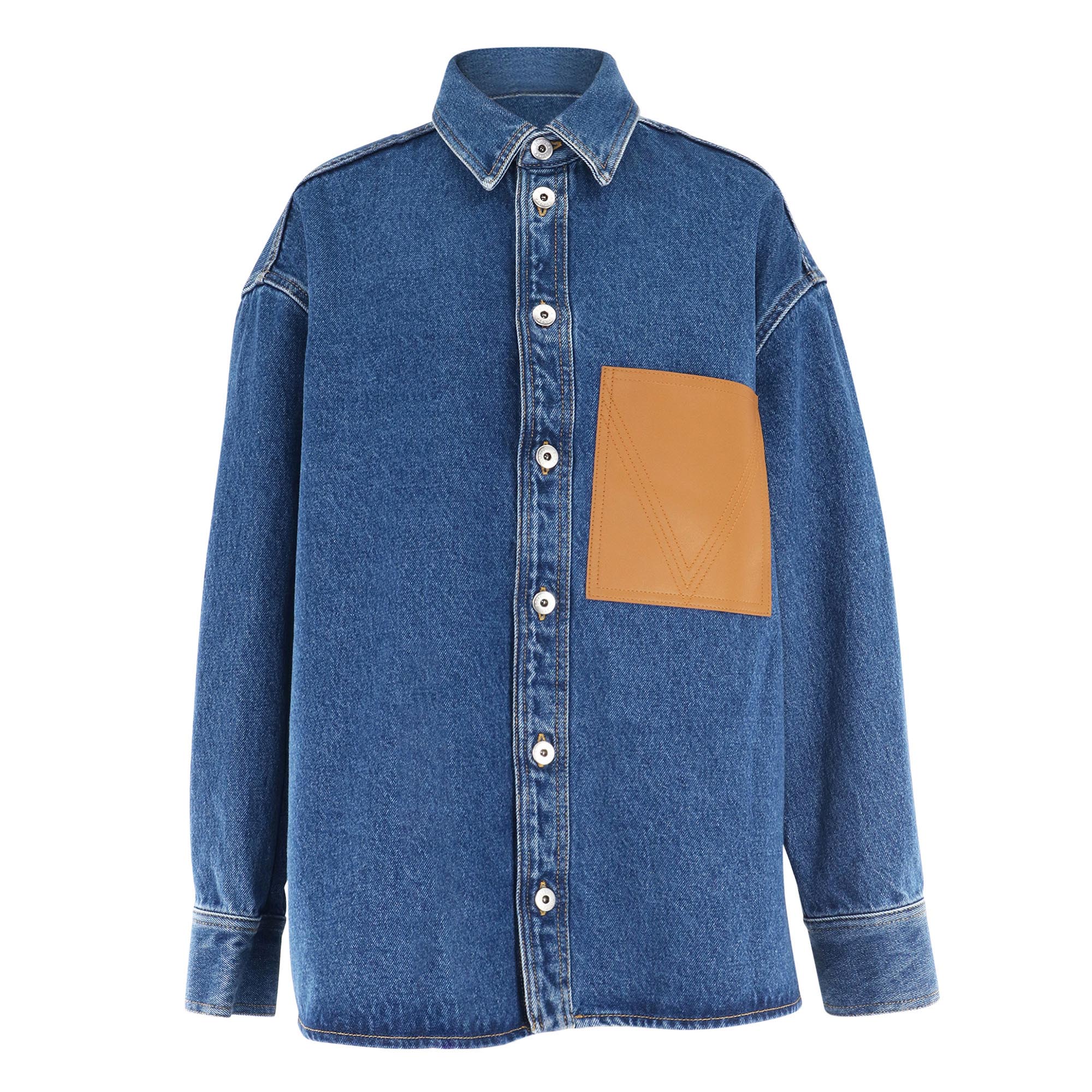 Long Sleeve Denim Shirt With Leather Pocket