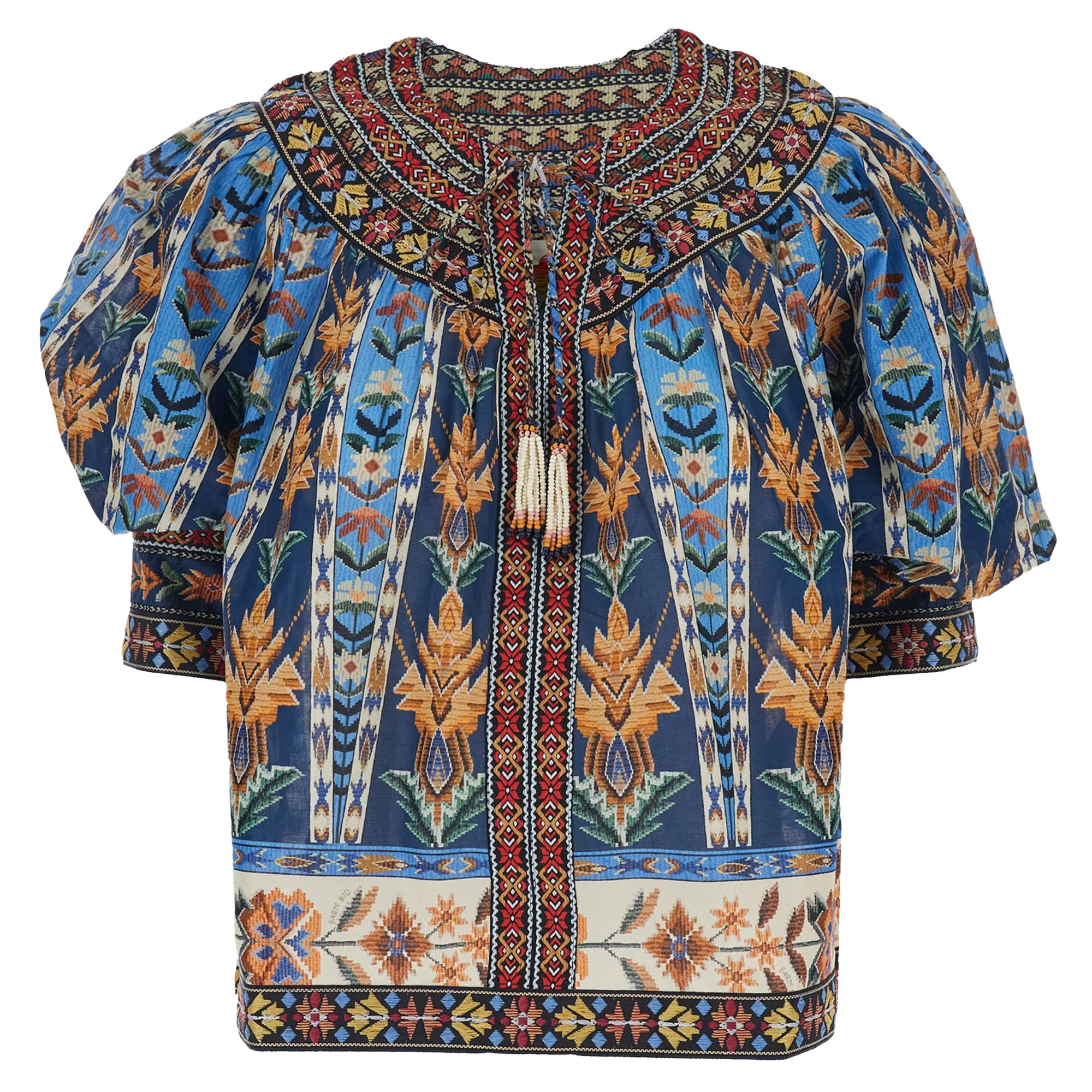 Embroidered Tapestry Puff Sleeve Tassel Blouse