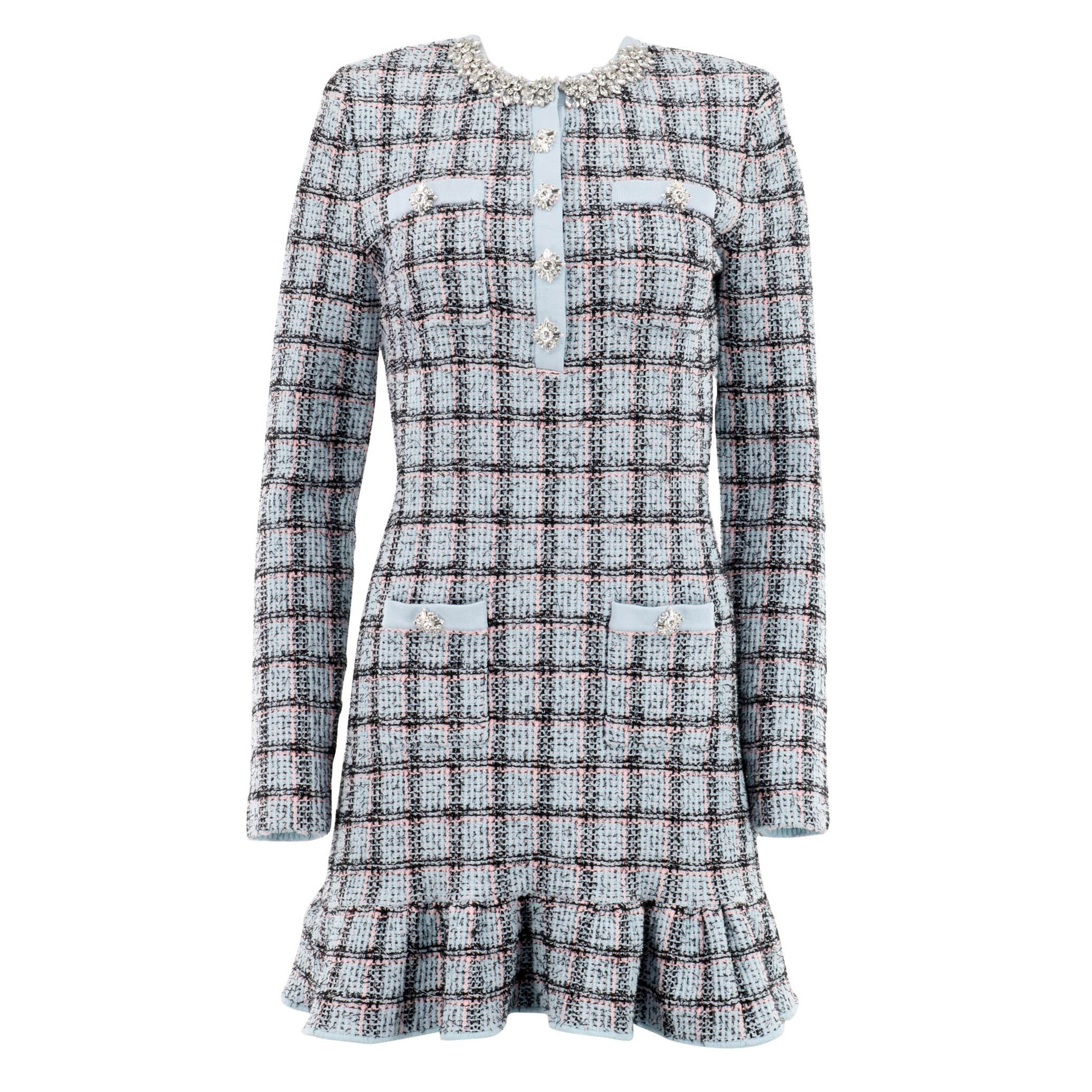 Long Sleeve Check Knit Mini Dress