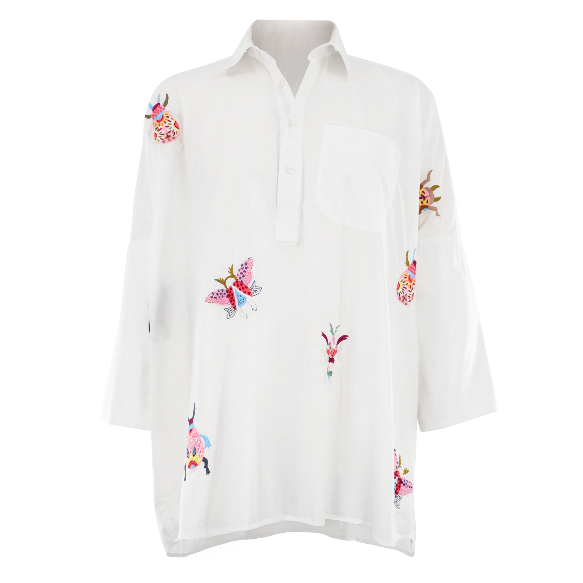 Bug Embroidery Long Sleeve Cotton Boyfriend Shirt