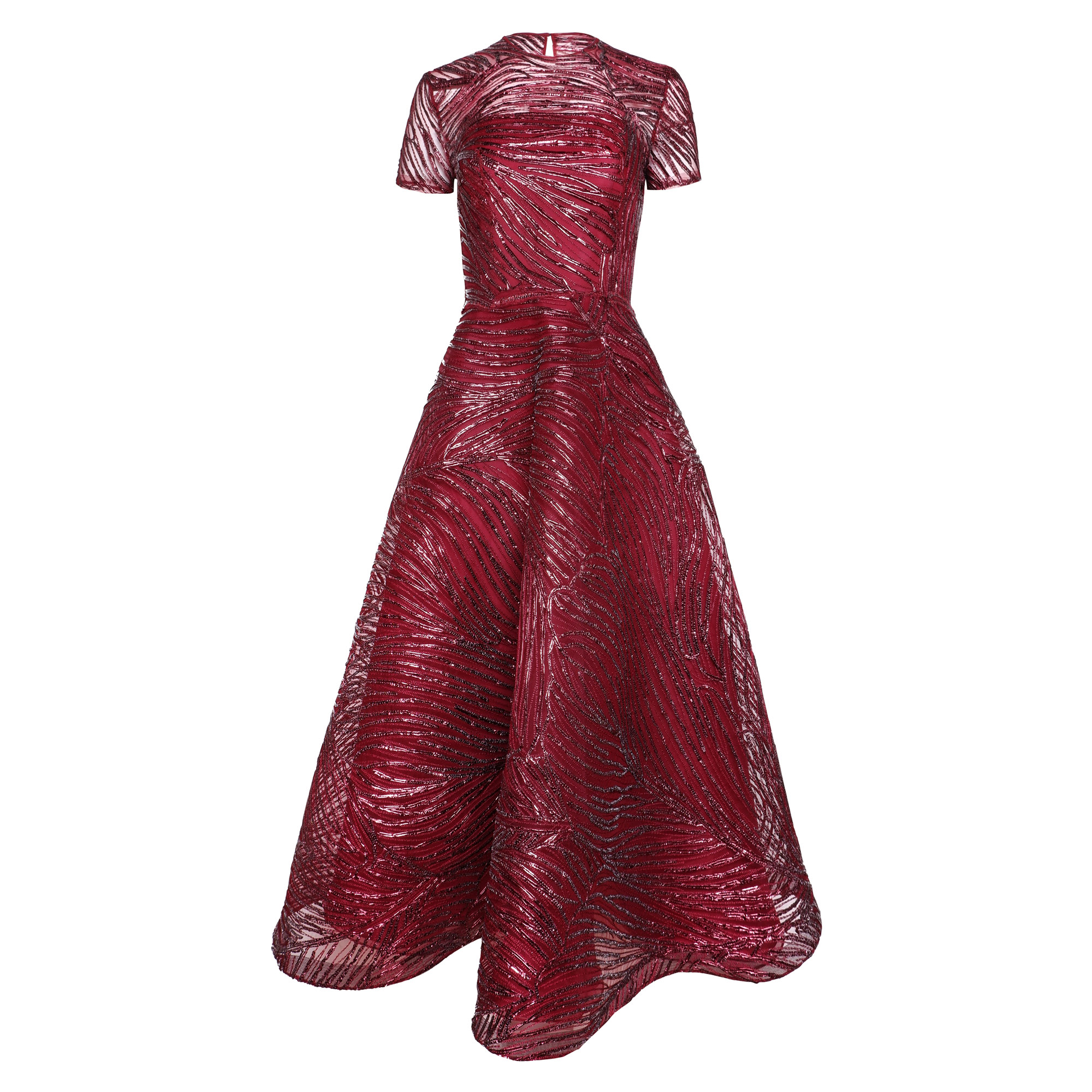 Illusion Neckline Short Sleeve Raffia Midi Dress