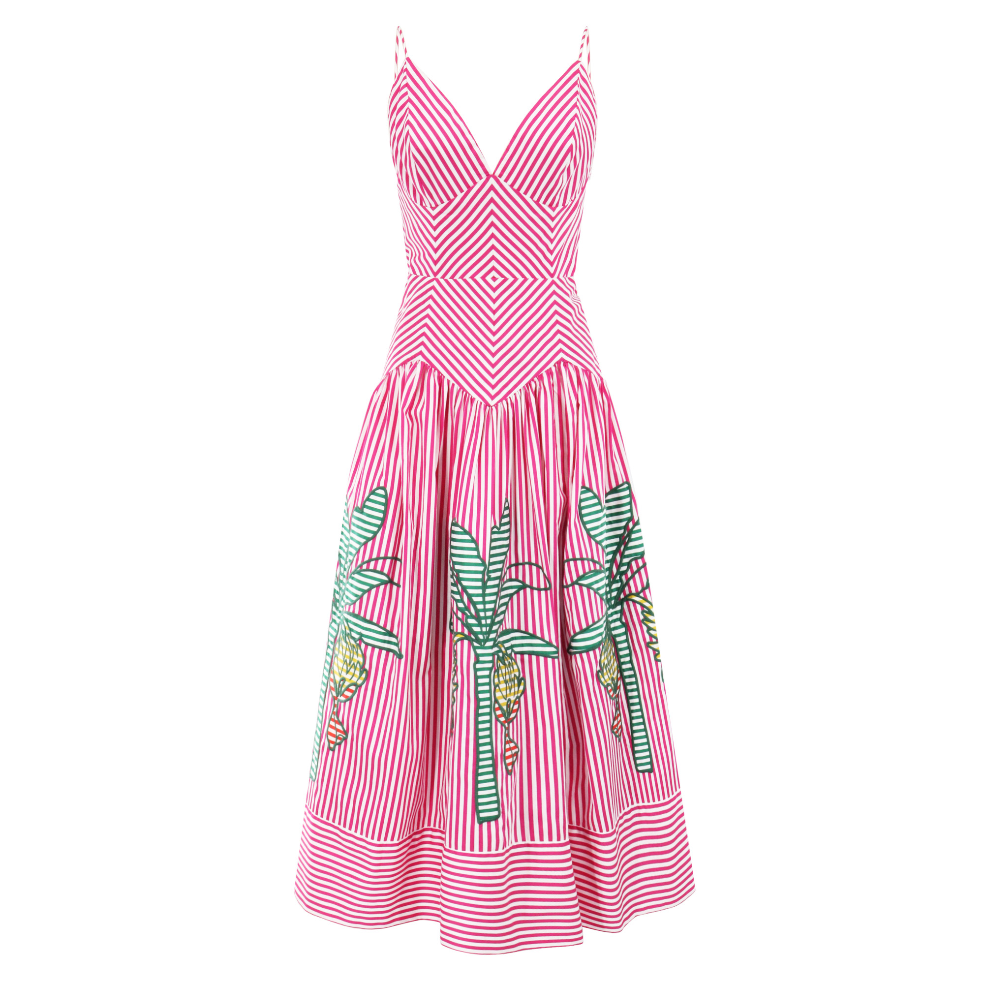 Sleeveless Palm Tree Stripes Cutwork Midi Dress
