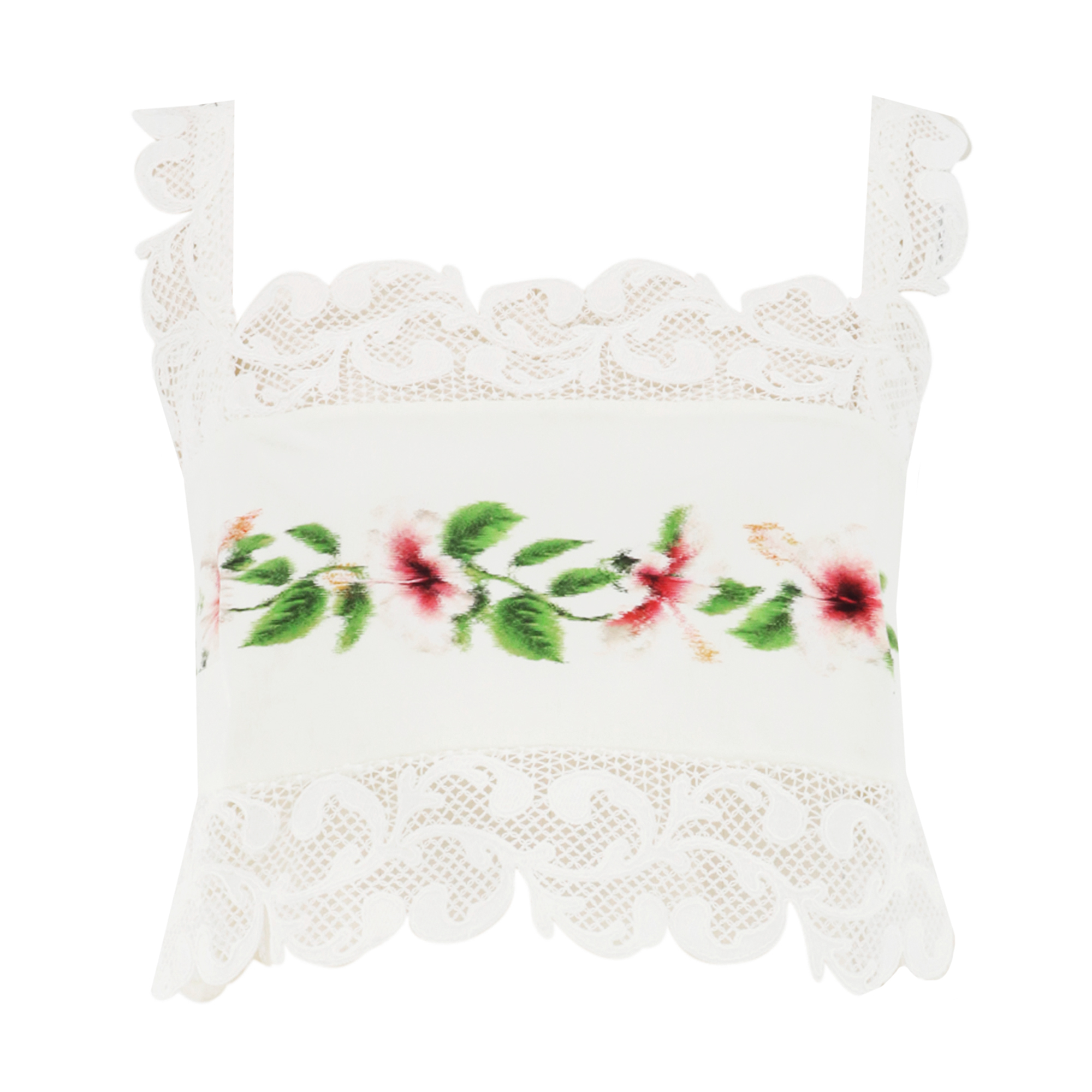 Sleeveless Chine Hibiscus-Print Lace-Trim Crop Top