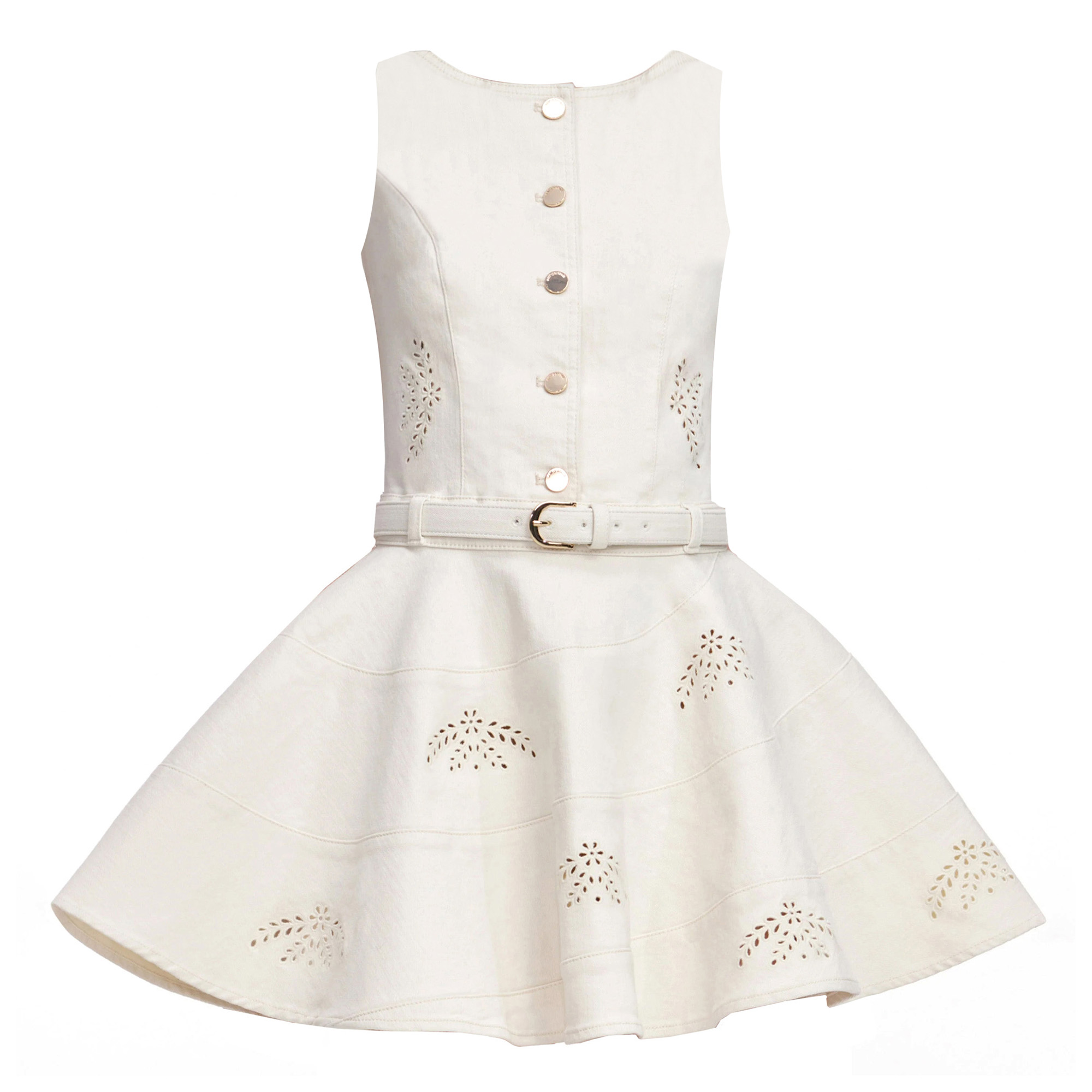 Sleeveless Broderie Denim Belted Mini Dress