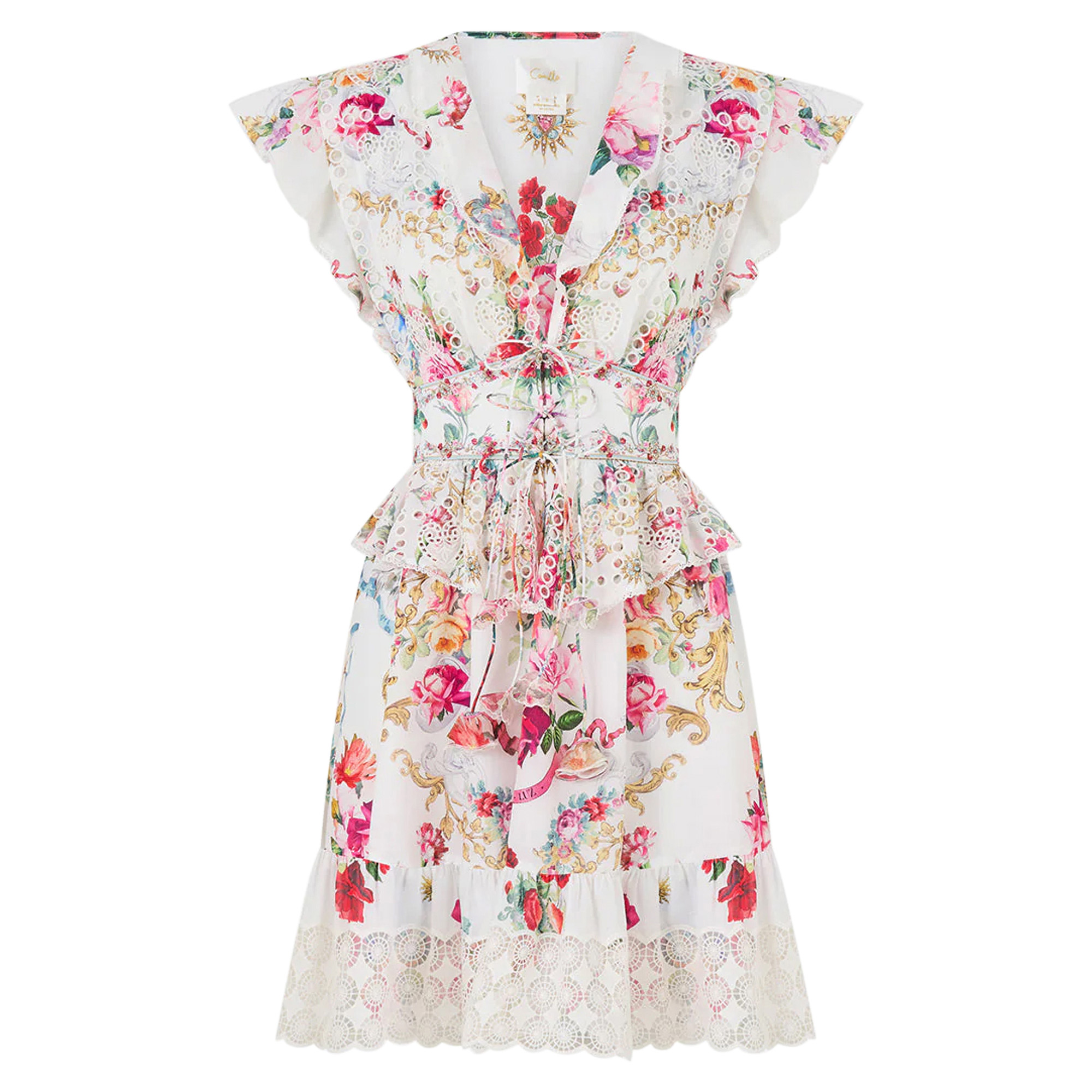 Short Sleeve Waisted Mini Dress With Ruffle Details