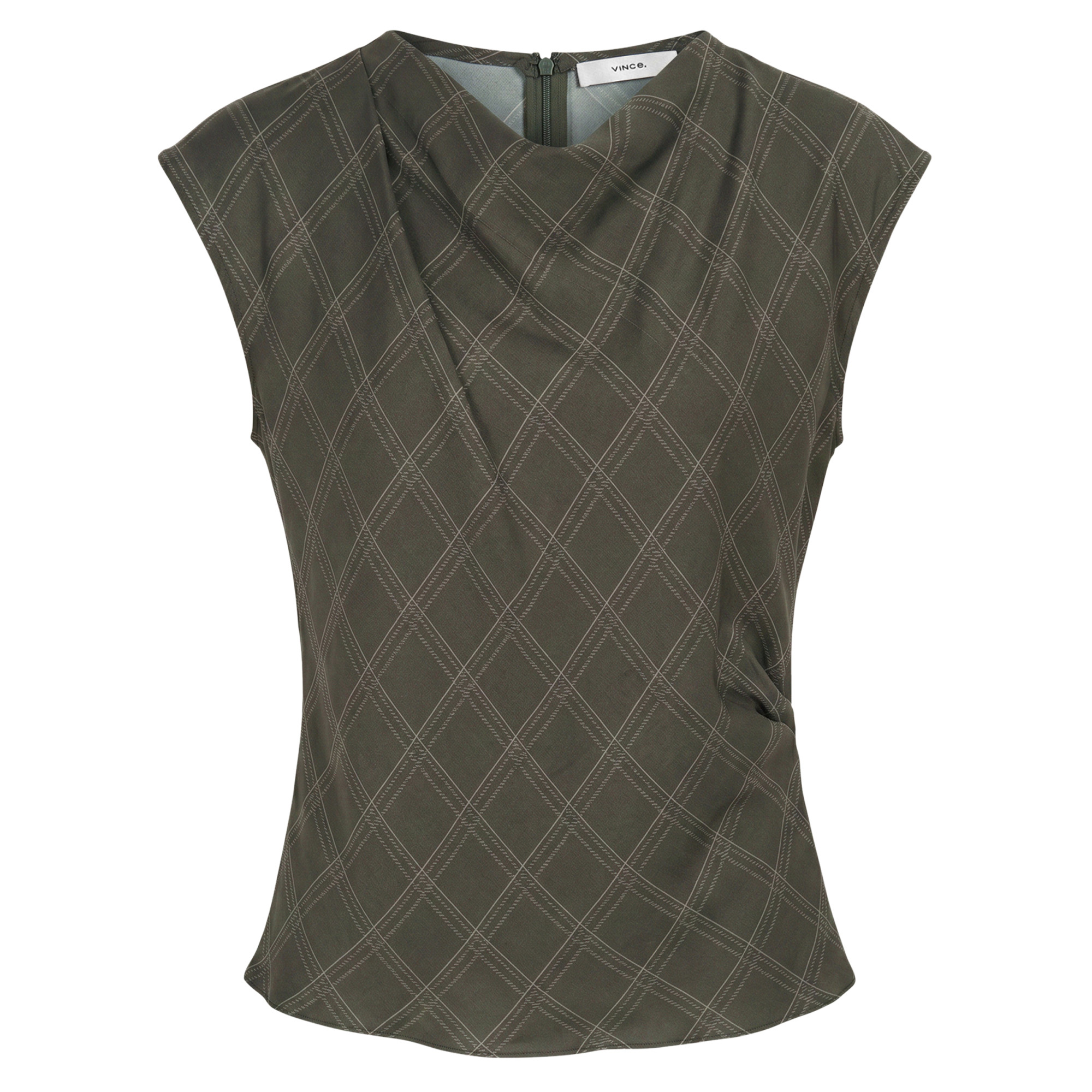 Diamond Plaid Silk Draped Cowl-Neck Top