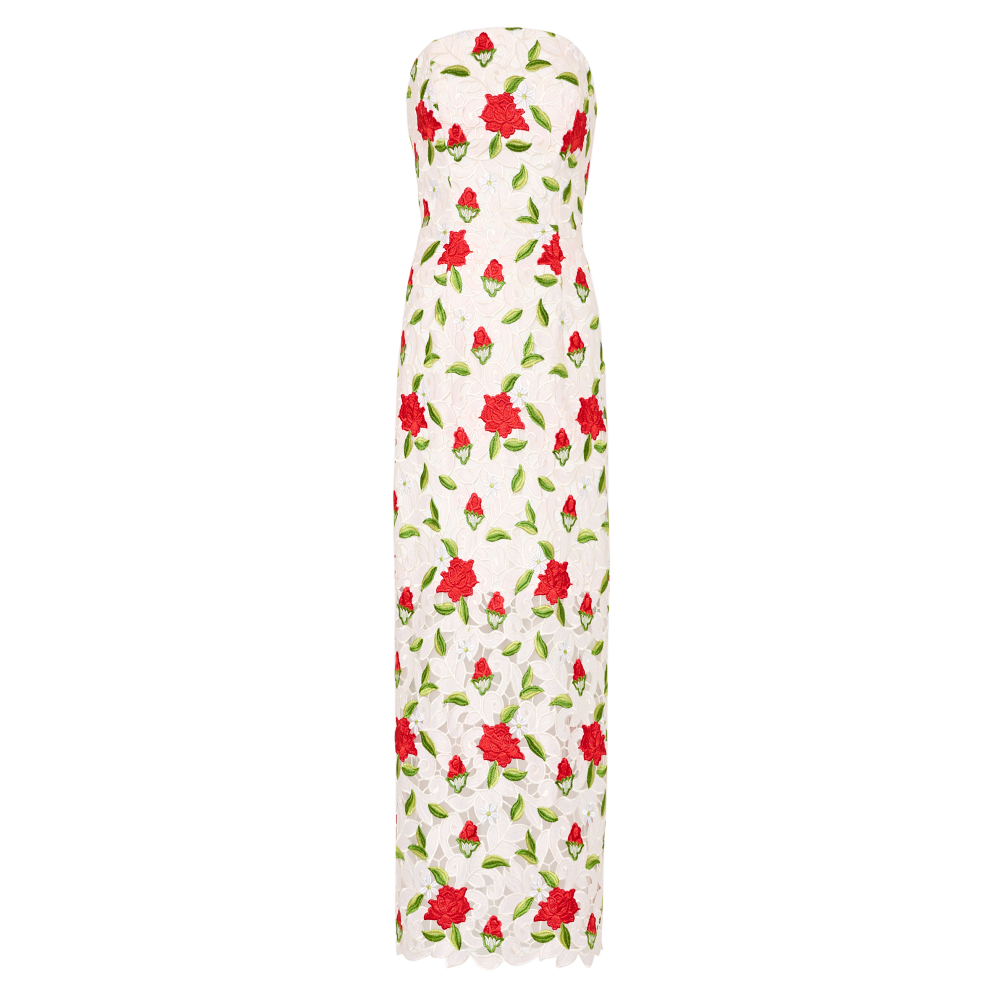 Kait Strapless Rose Embroidered Lace Midi Dress