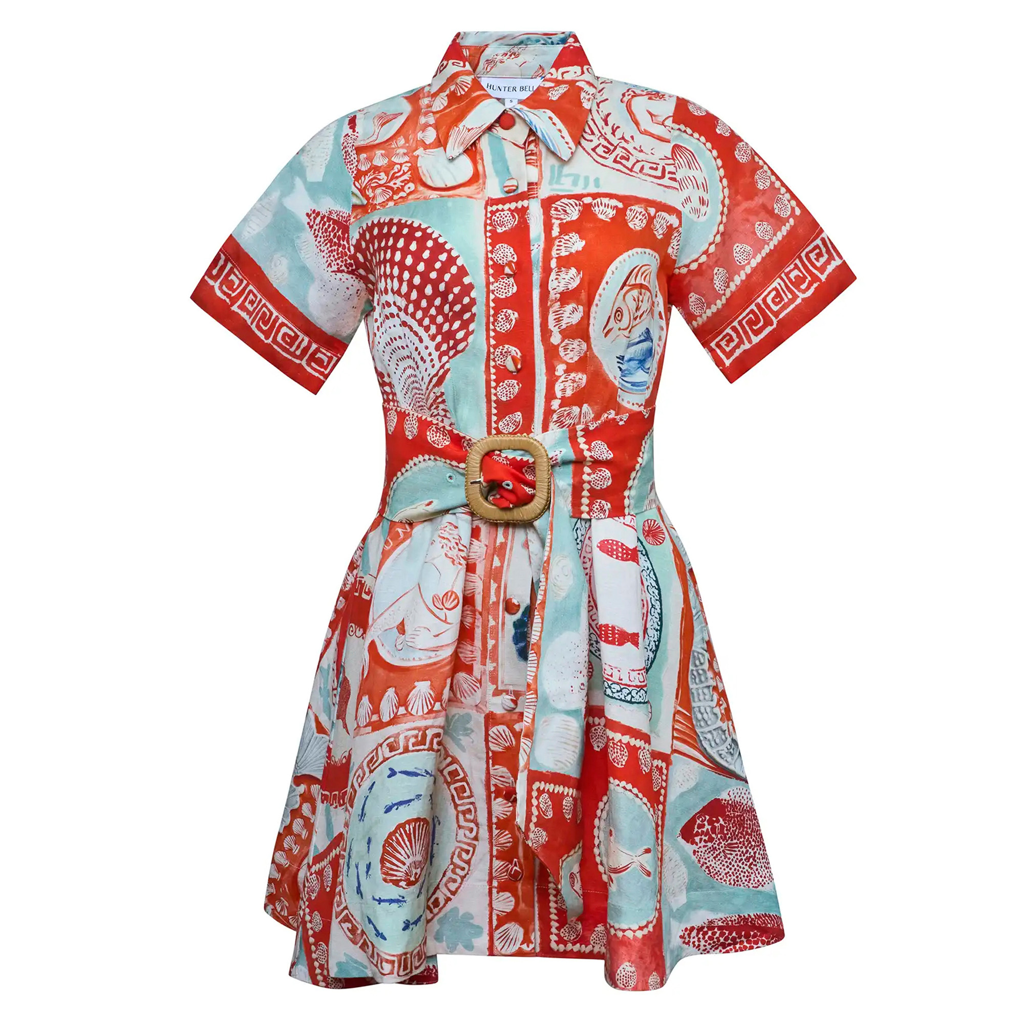 Liza Short Sleeve Costal Print Belted Mini Dress