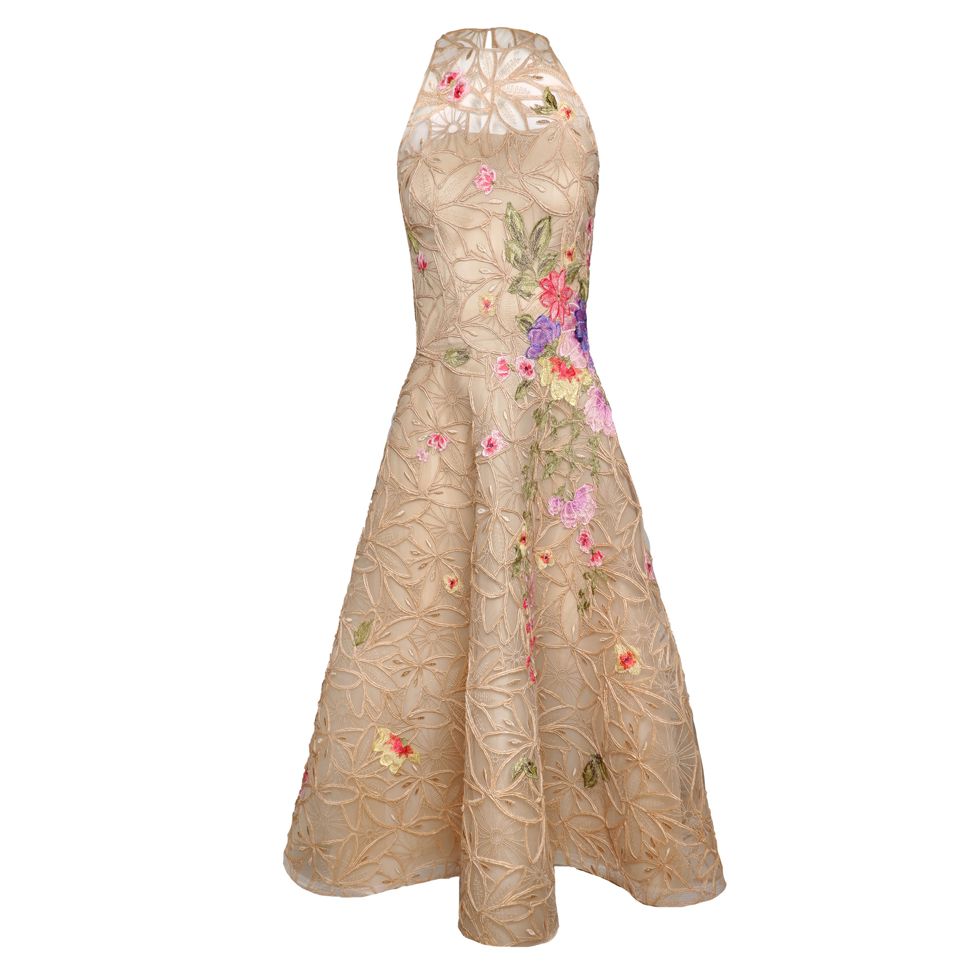Sleeveless Illusion Raffia Floral Applique Midi Dress