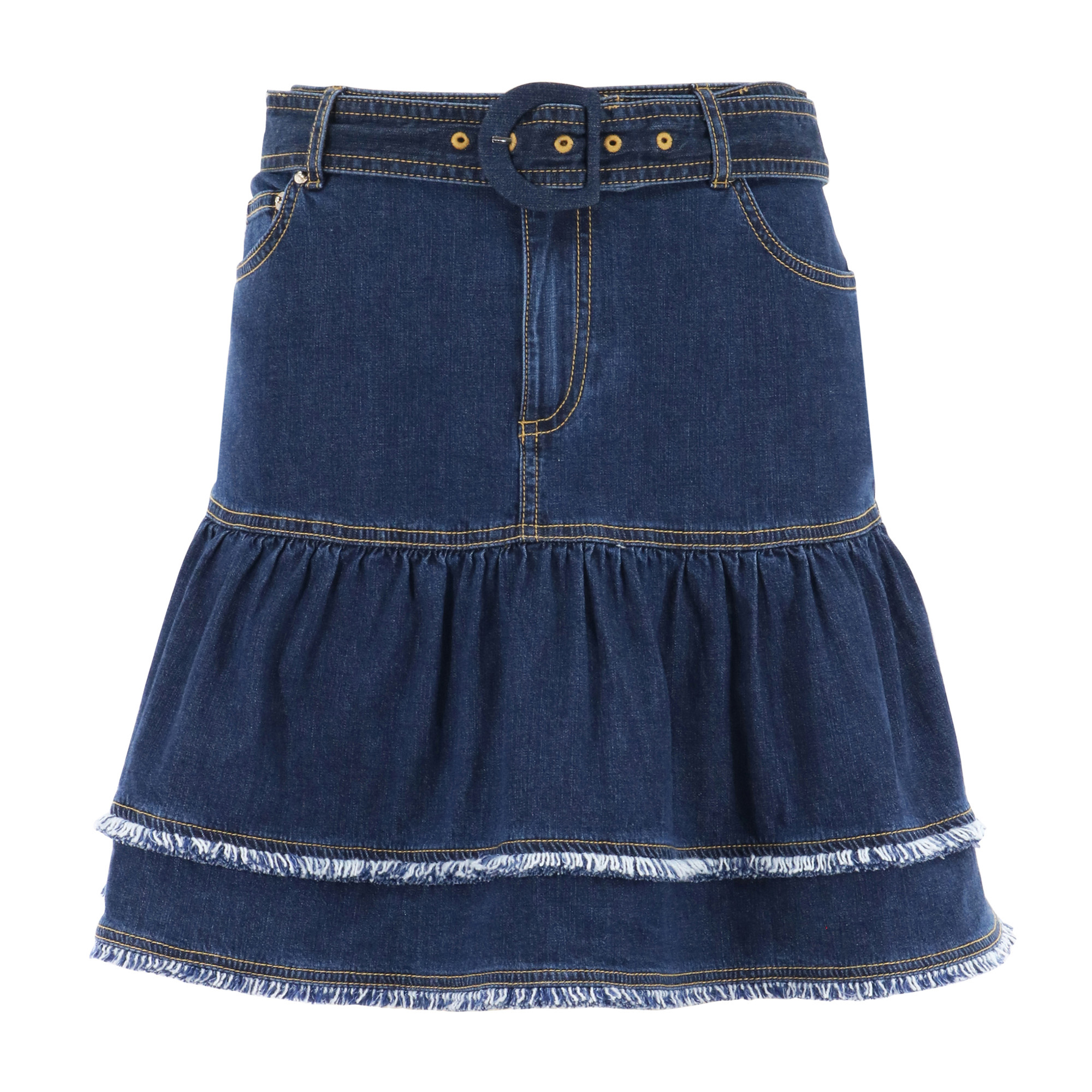 Bicolor Fringe Martina Belted Tiered Denim Mini Skirt