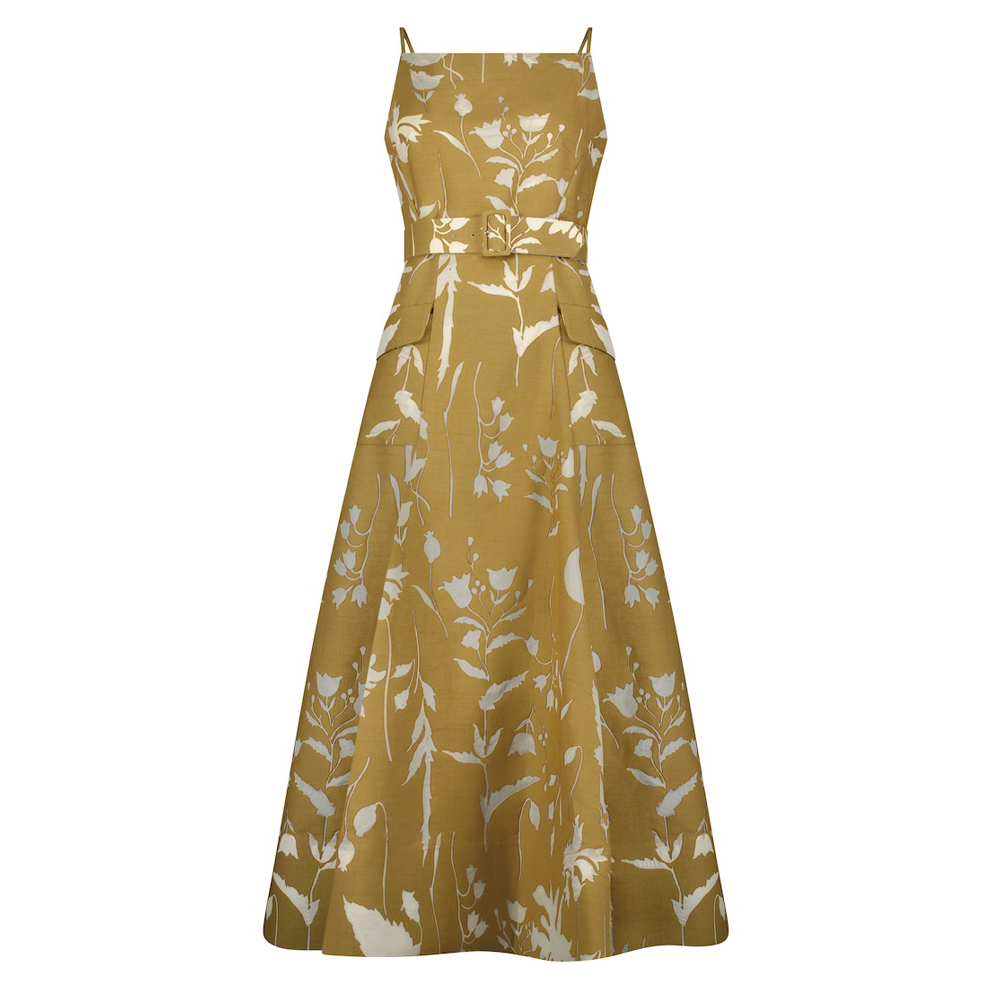 Sleeveless Sheer Floral Jacquard Belted Midi Dress