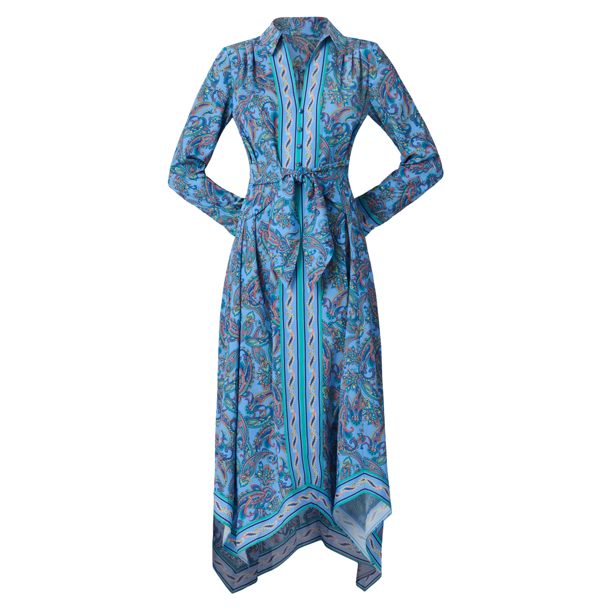 Adair Long Sleeve Tie-Waist Handkerchief Hem Midi Dress